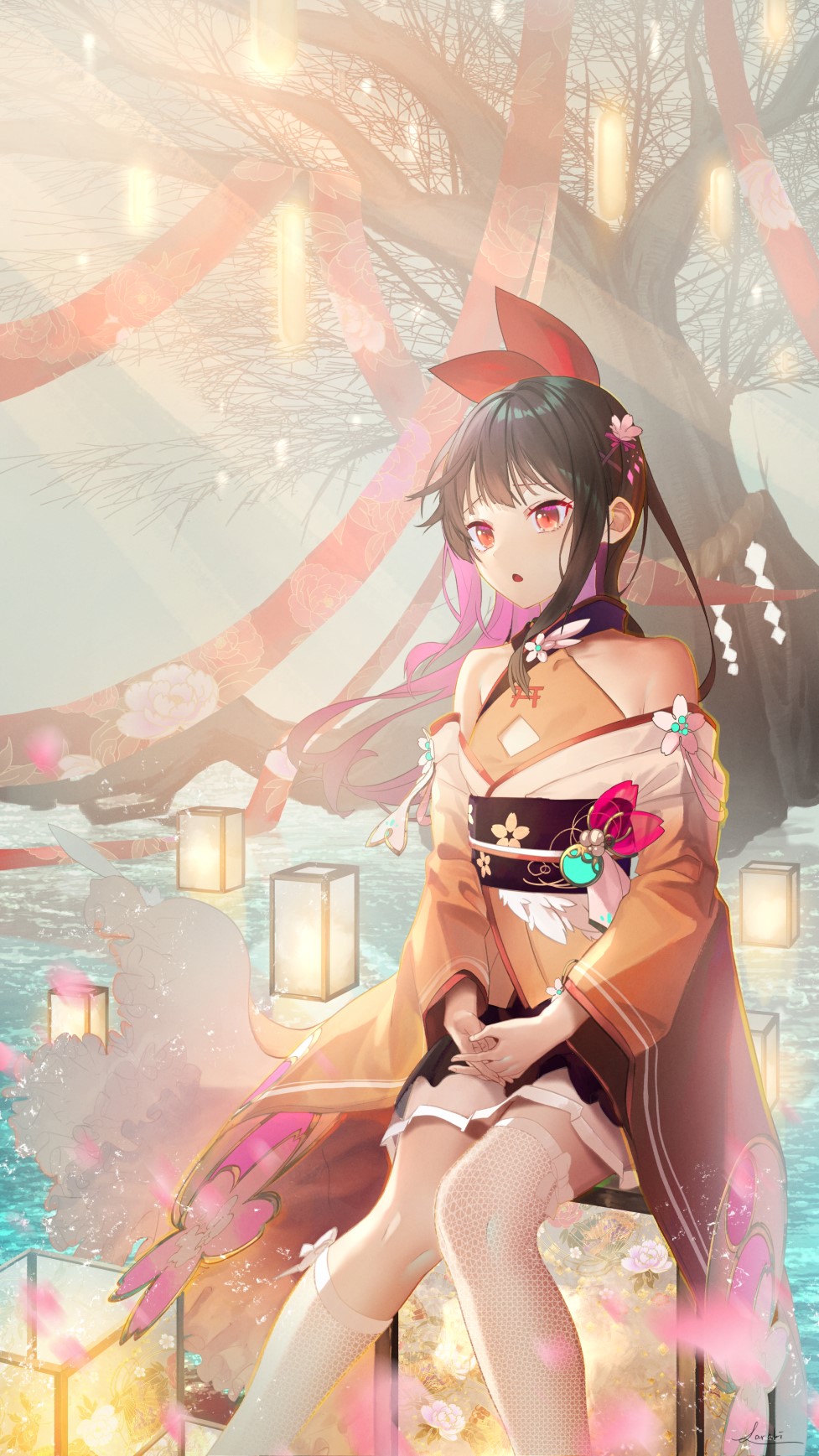 Anime girl in kimono with red bow and pink highlights HD Phone Wallpaper