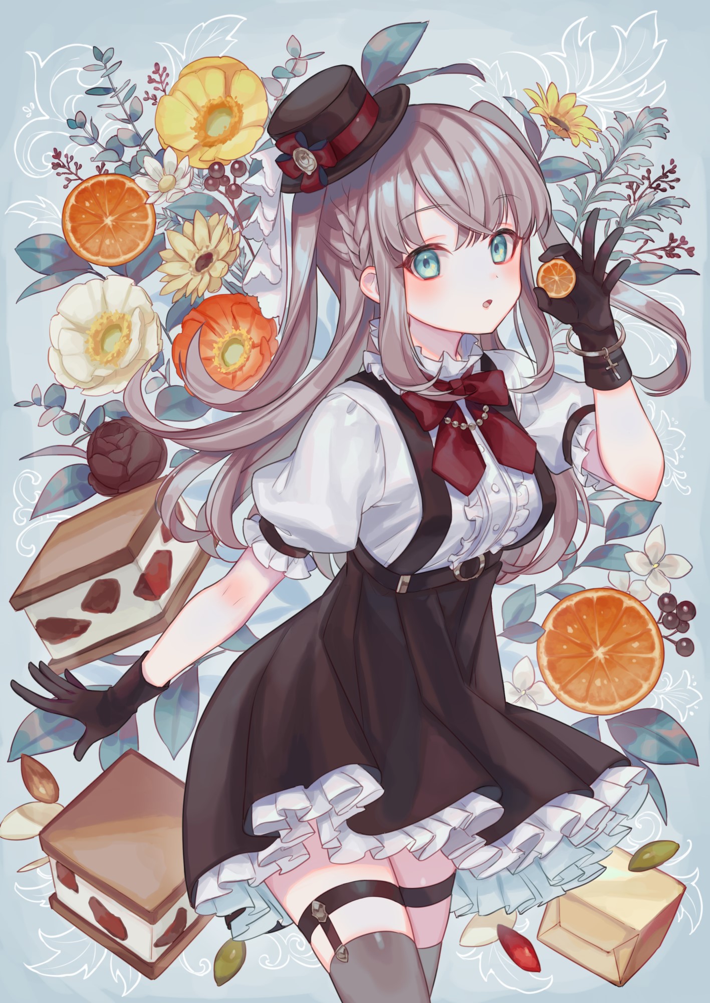 Anime girl in Lolita fashion with oranges and cakes HD Phone Wallpaper