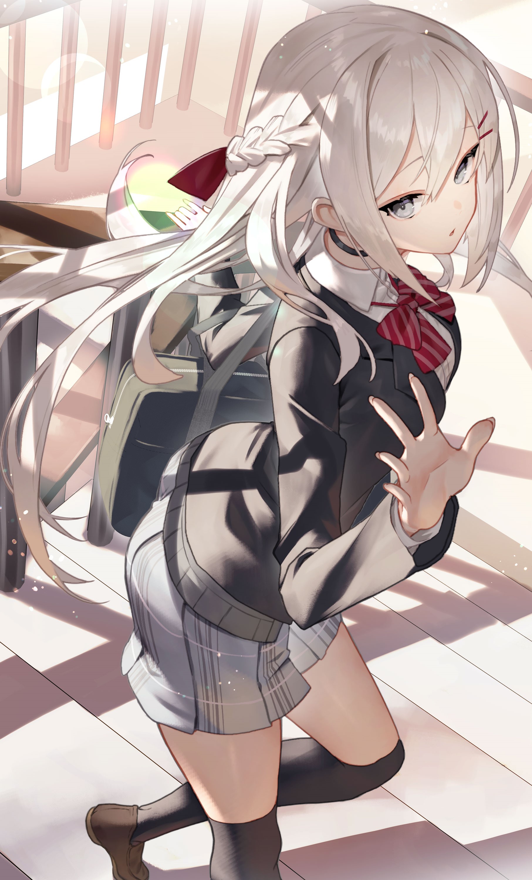 Anime girl with silver hair on stairs HD Phone Wallpaper