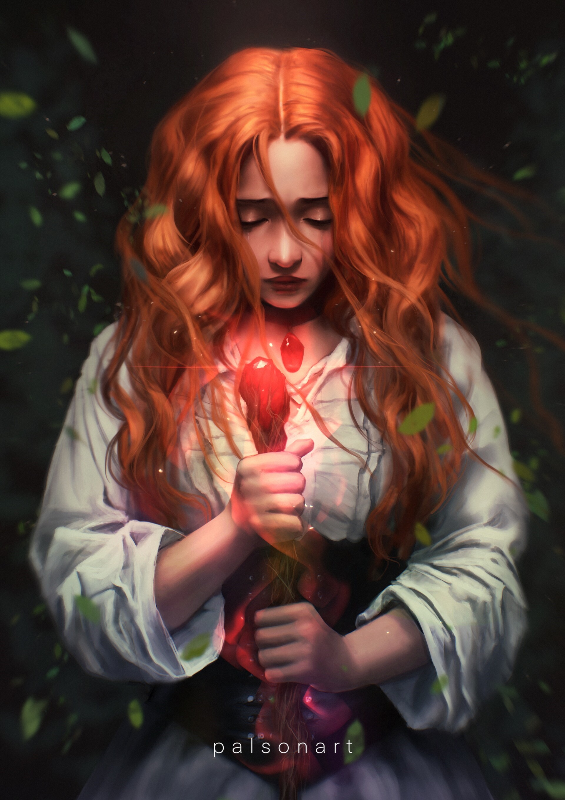 Redhead woman holding a glowing staff HD Phone Wallpaper