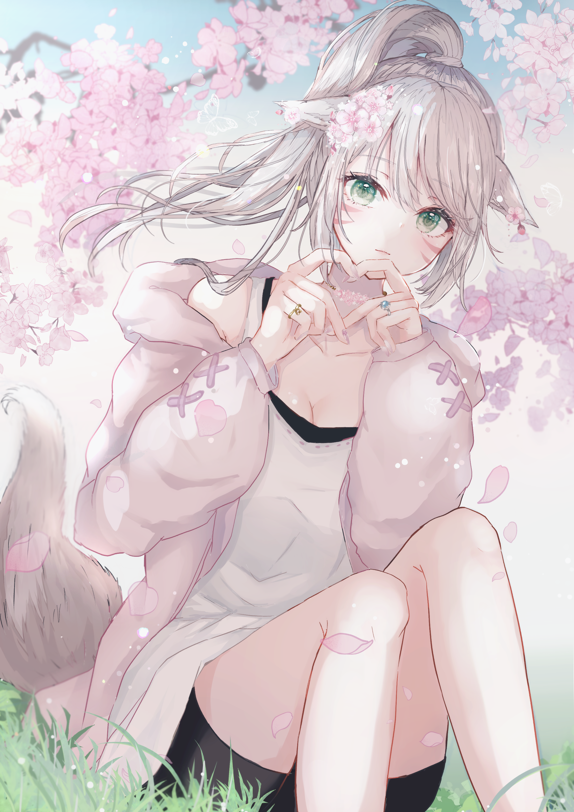Miqo'te girl with silver hair and green eyes under cherry blossoms HD Phone Wallpaper