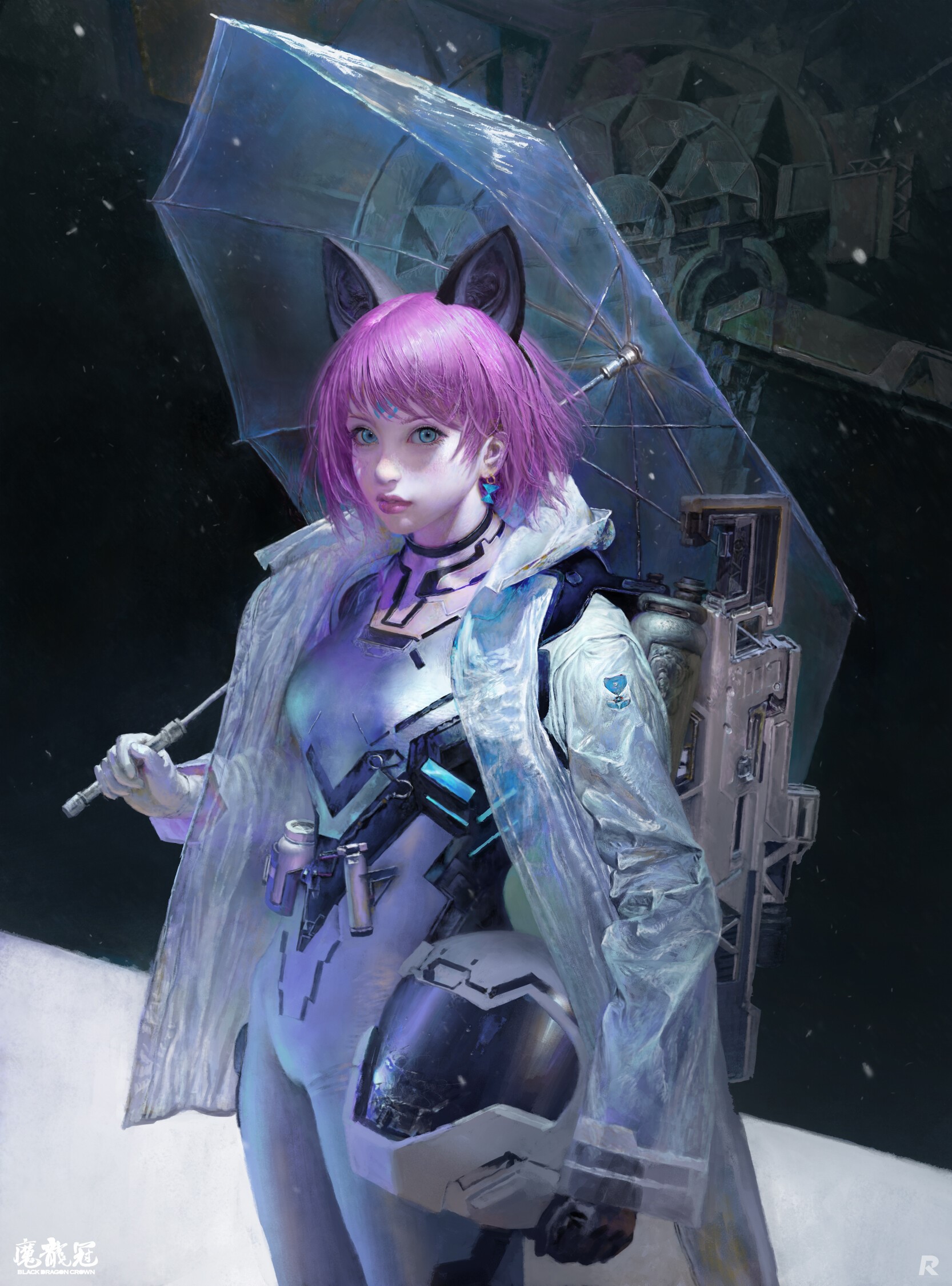 Woman with pink hair and cat ears holding an umbrella HD Phone Wallpaper