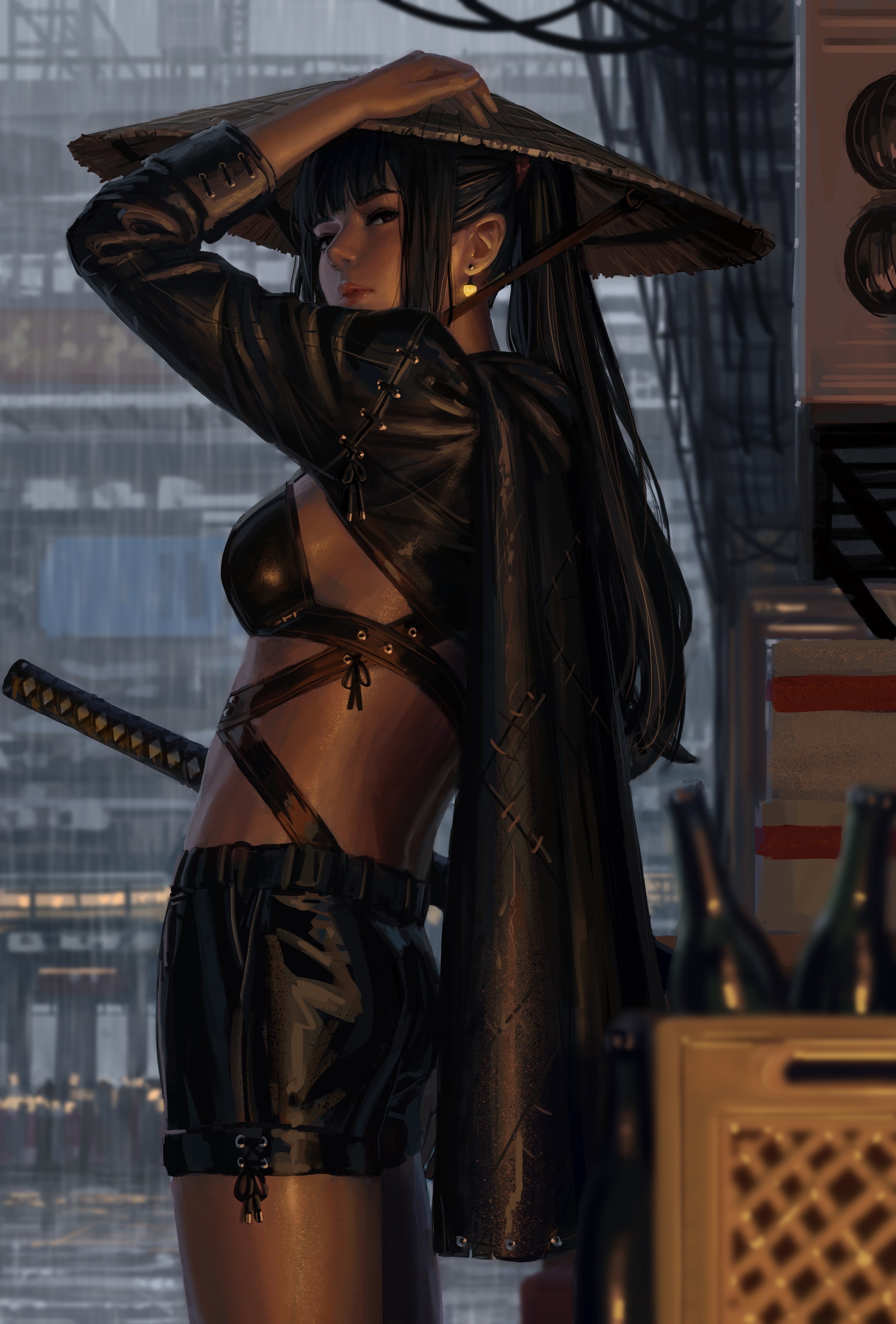 Fantasy warrior girl with katana and straw hat HD Phone Wallpaper