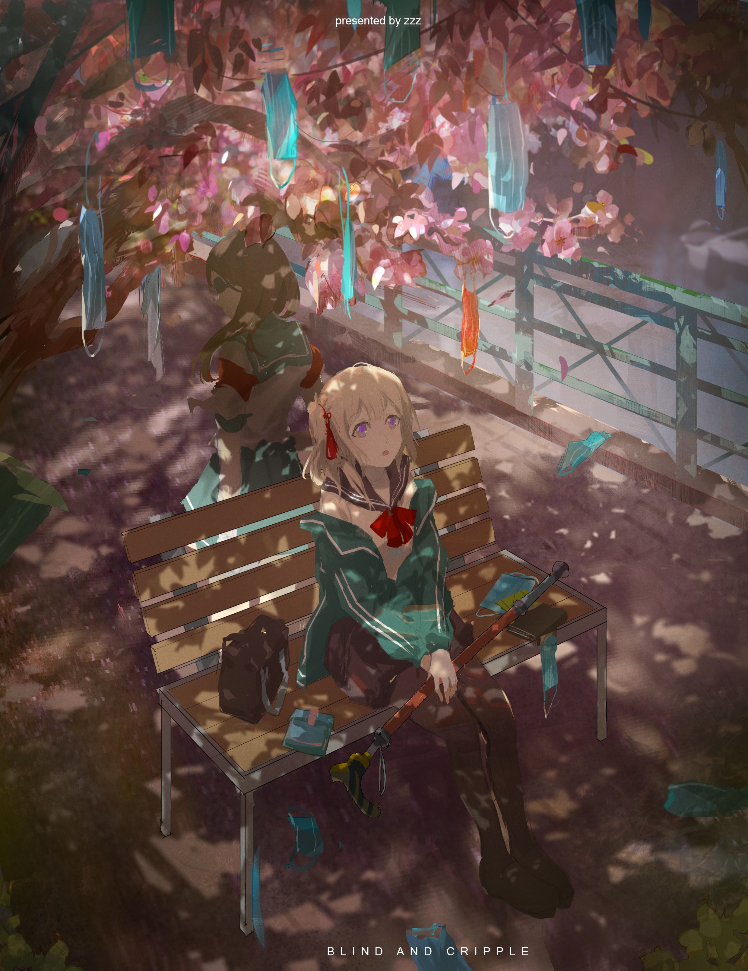 Anime girl sitting on a bench under cherry blossoms HD Phone Wallpaper