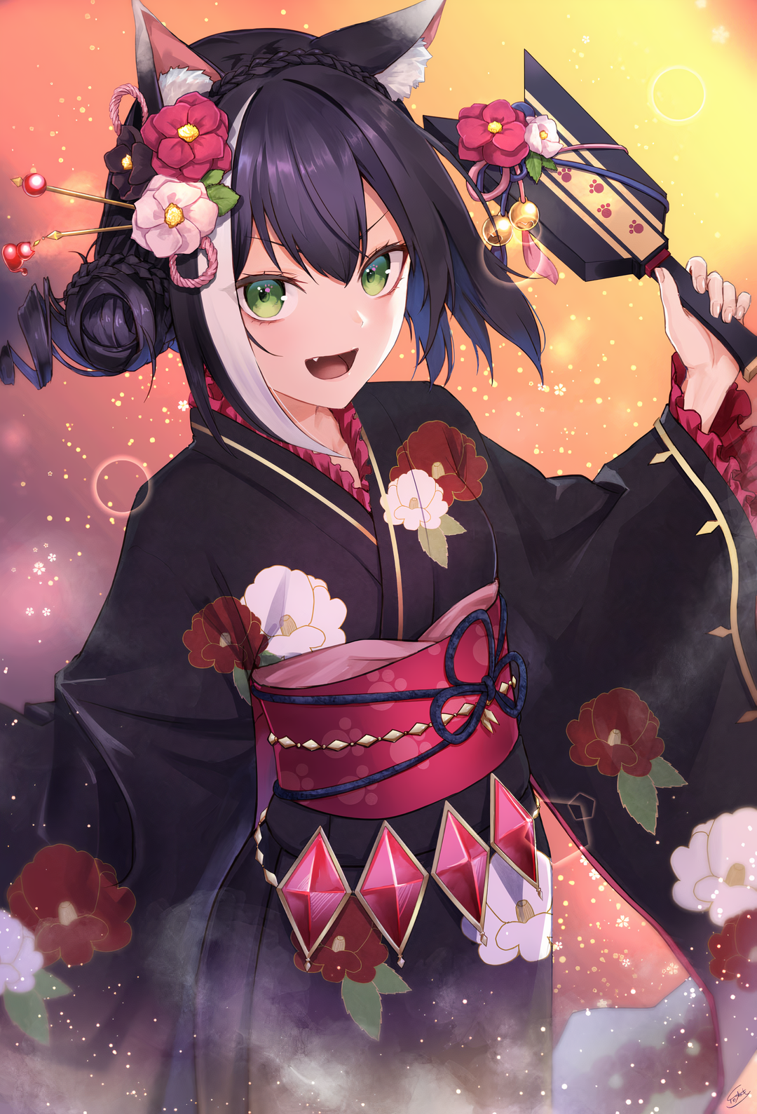 Anime Cat Girl in Kimono Holding a Fan HD Phone Wallpaper
