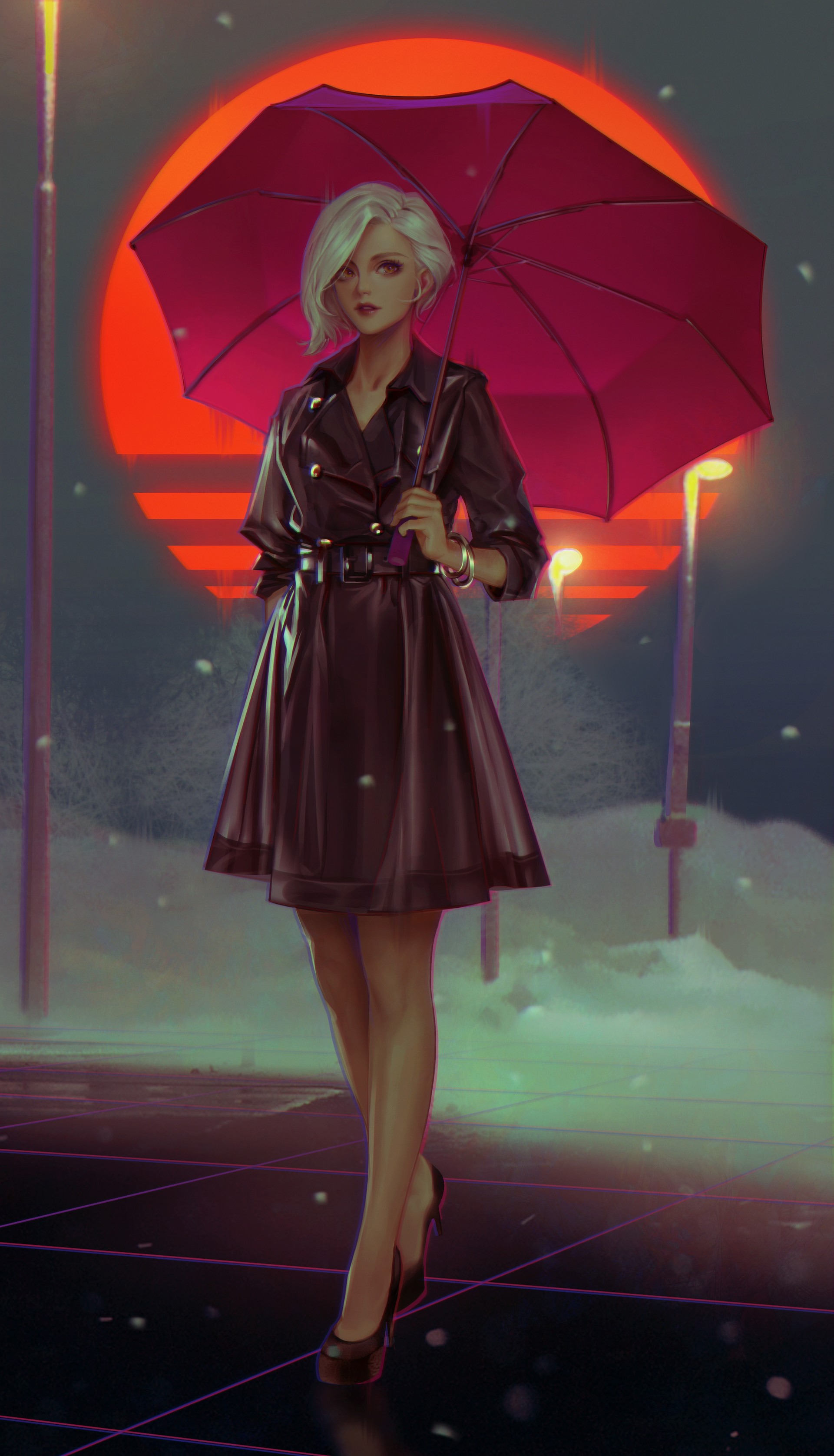 Woman with blonde hair holding a red umbrella HD Phone Wallpaper
