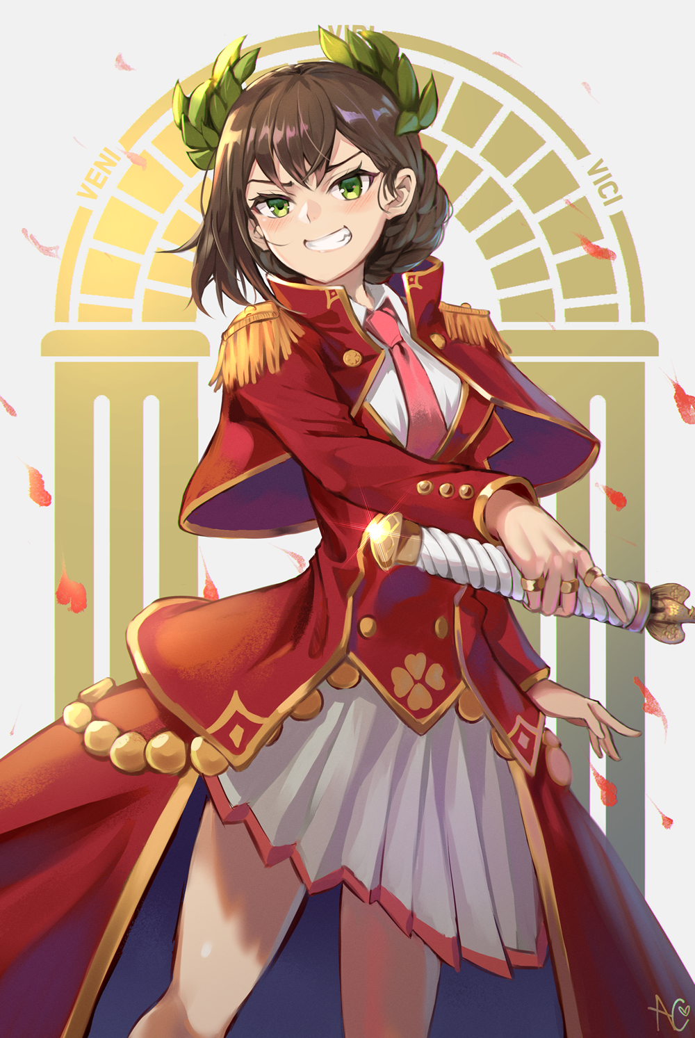 Anime girl in red military uniform with laurel wreath HD Phone Wallpaper