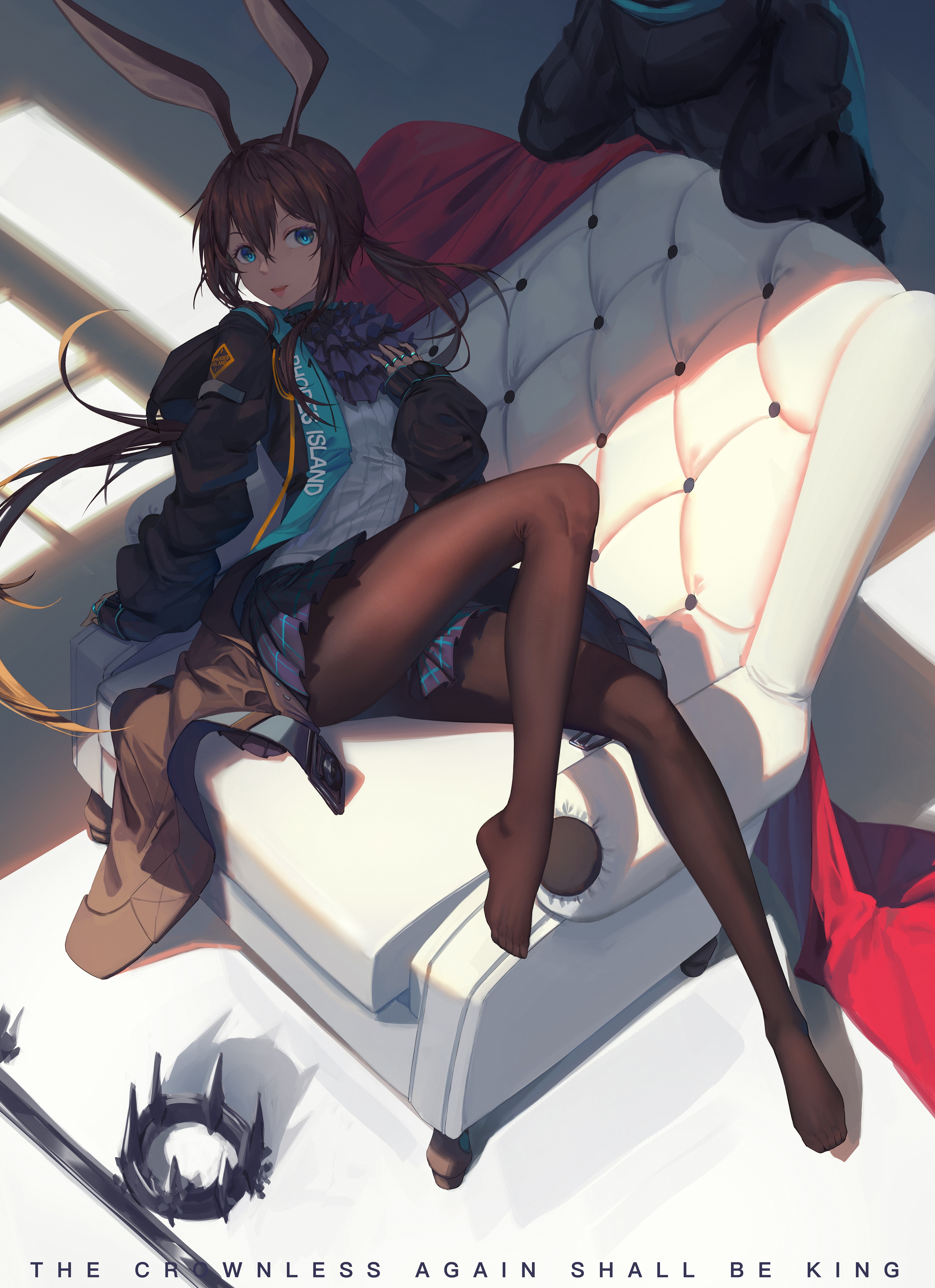 Amiya from Arknights sitting on a couch HD Phone Wallpaper