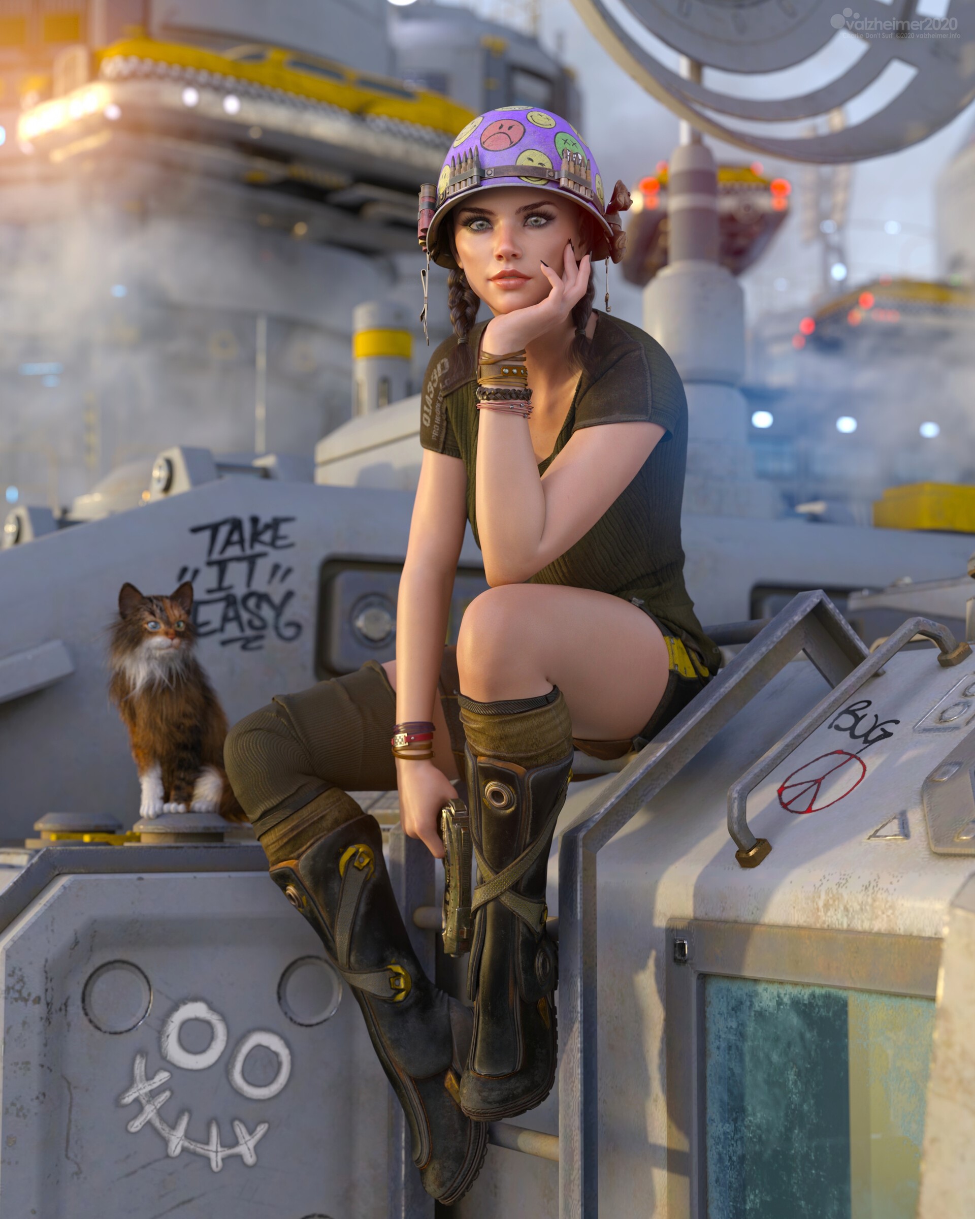 Woman with cat in a futuristic city HD Phone Wallpaper