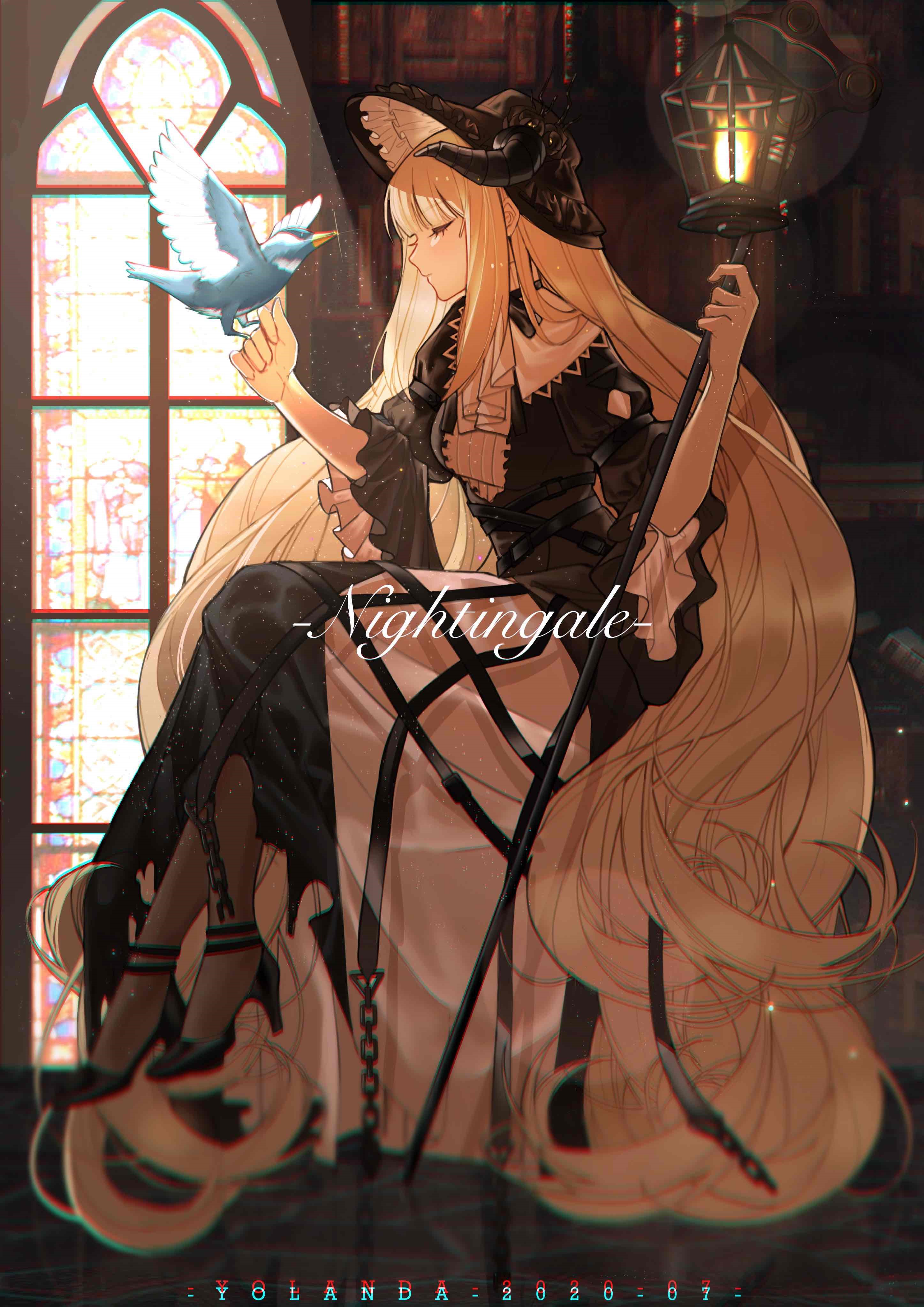 Nightingale from Arknights with a bird HD Phone Wallpaper