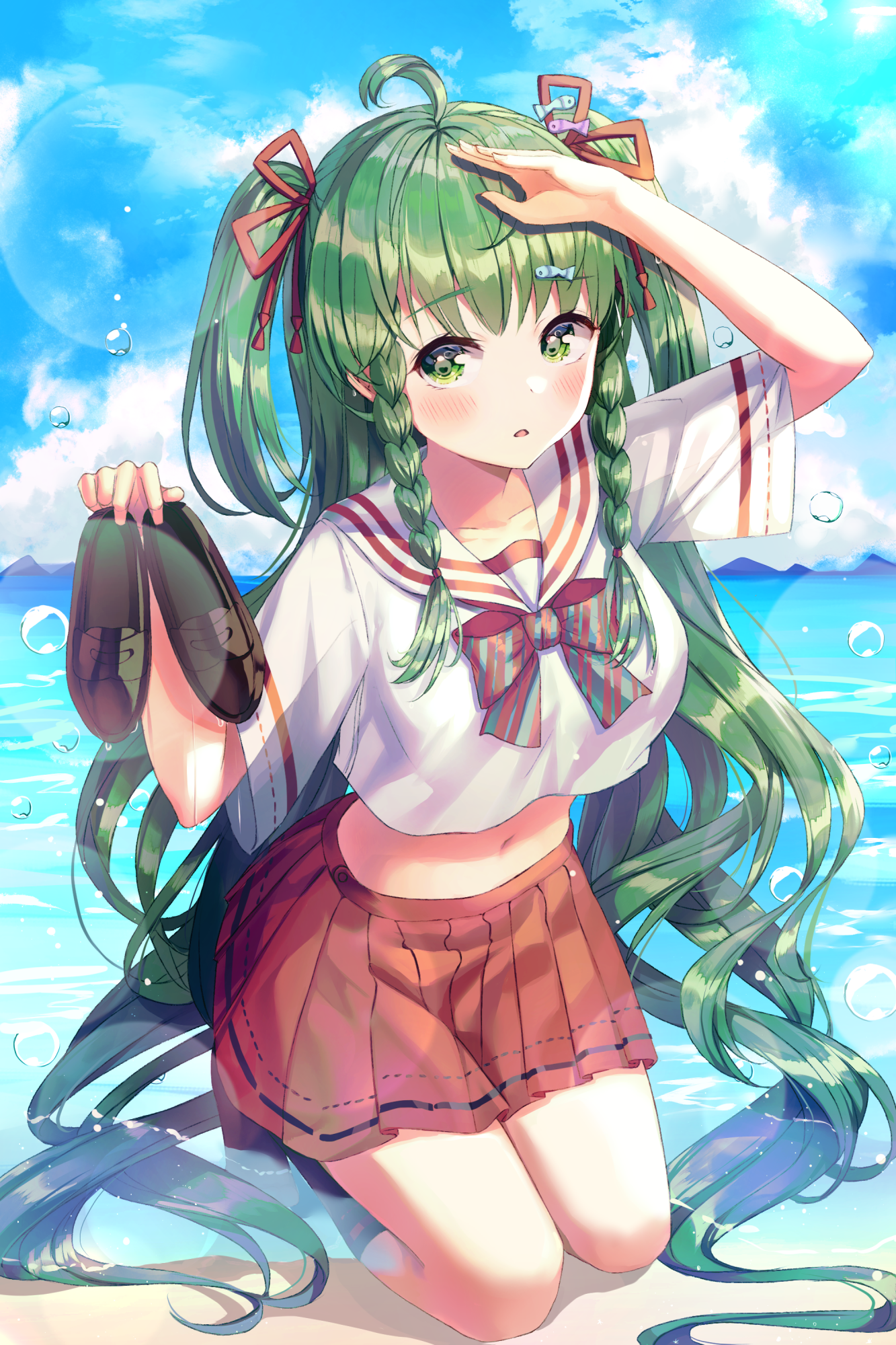 Anime girl with green hair and braids at the beach HD Phone Wallpaper