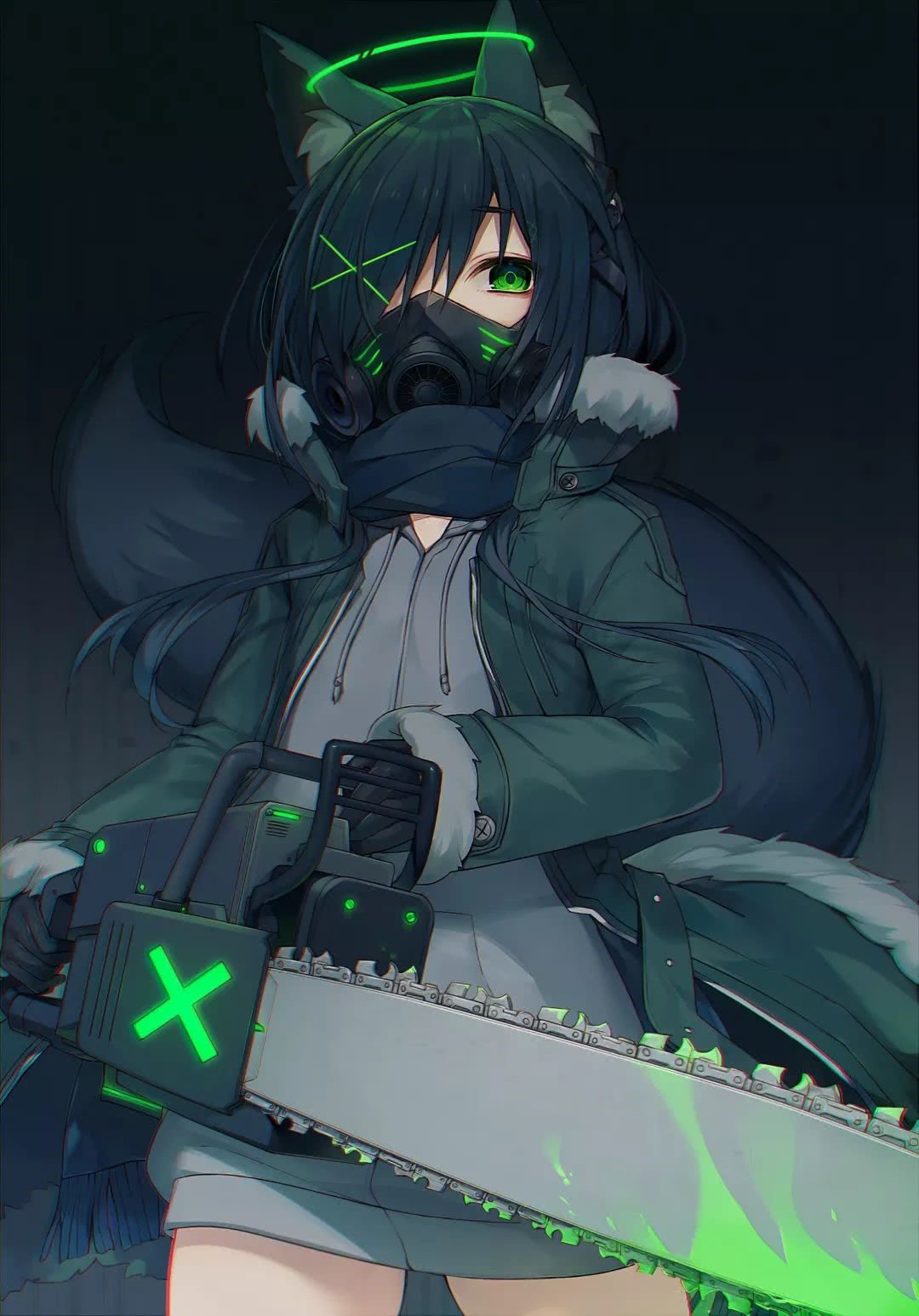 Anime girl with wolf ears and chainsaw HD Phone Wallpaper