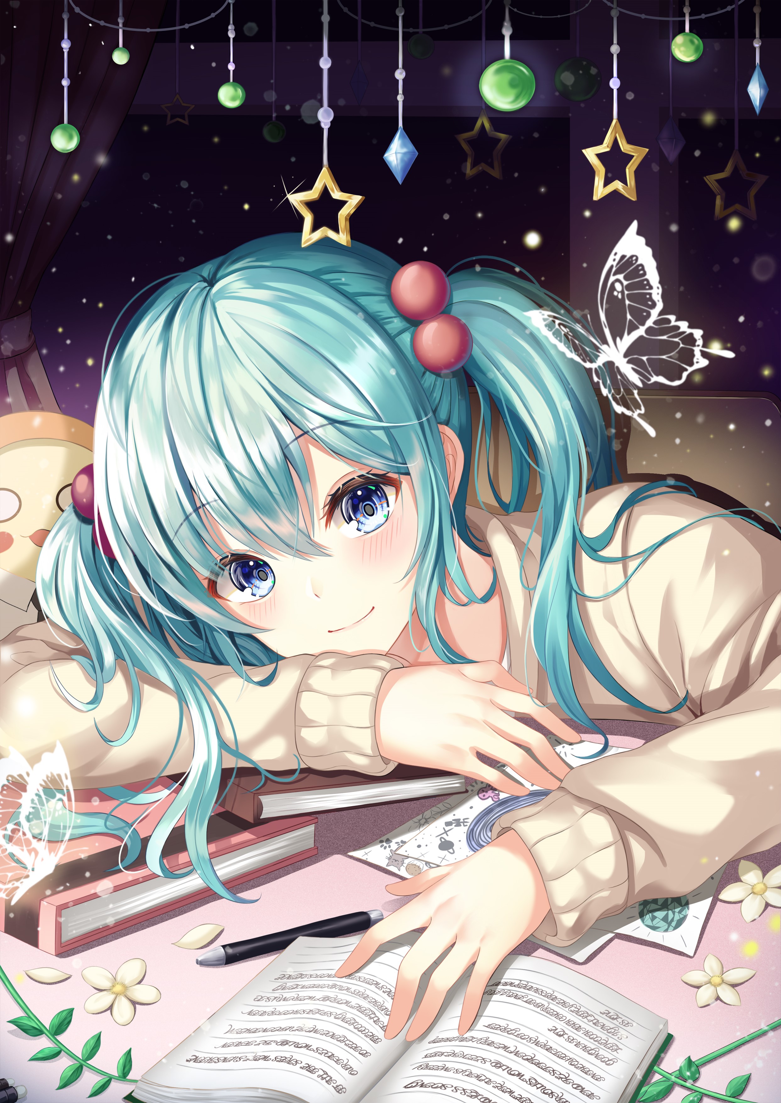Hatsune Miku Smiling with Books and Butterflies HD Phone Wallpaper