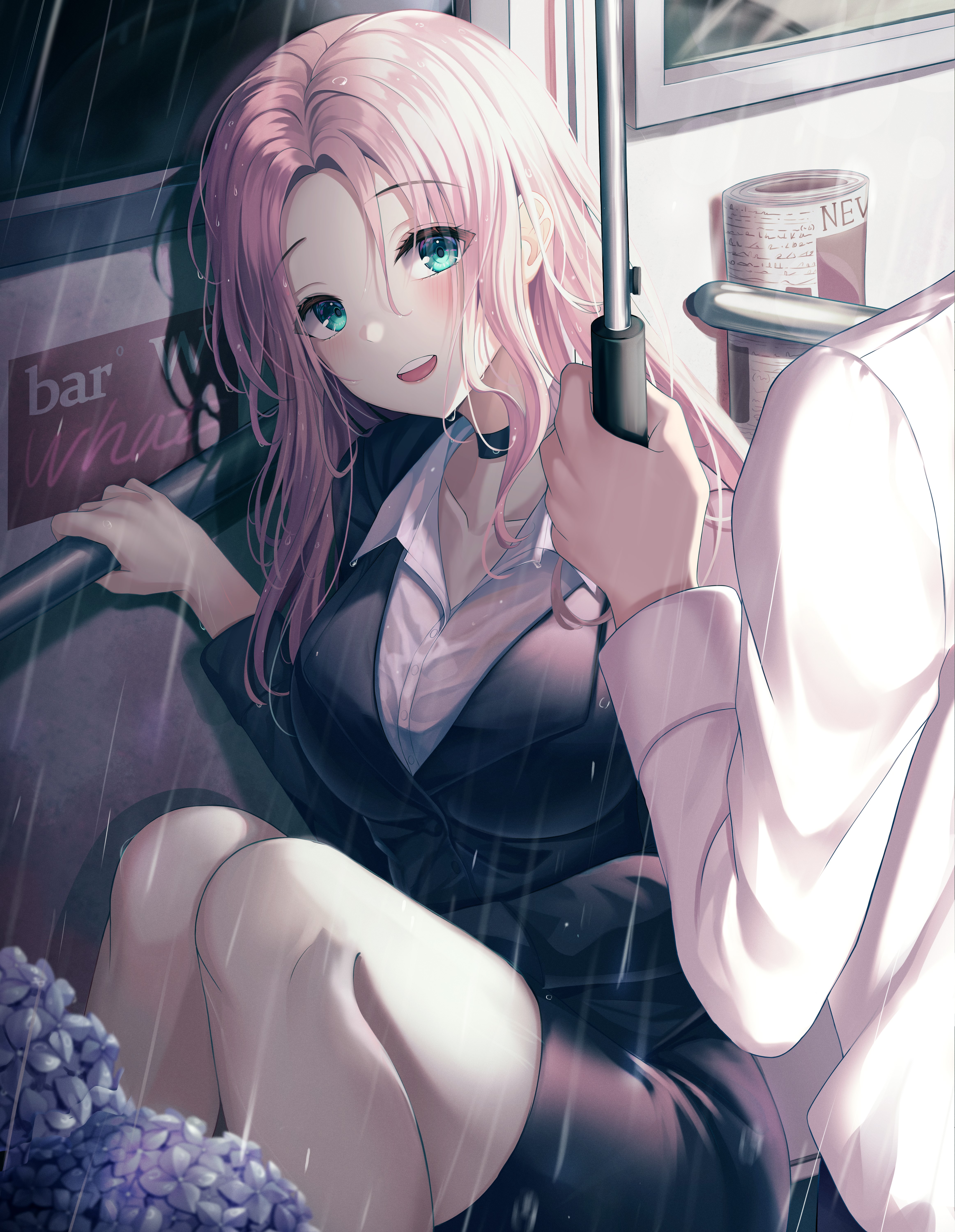 Anime girl with pink hair and aqua eyes in the rain HD Phone Wallpaper