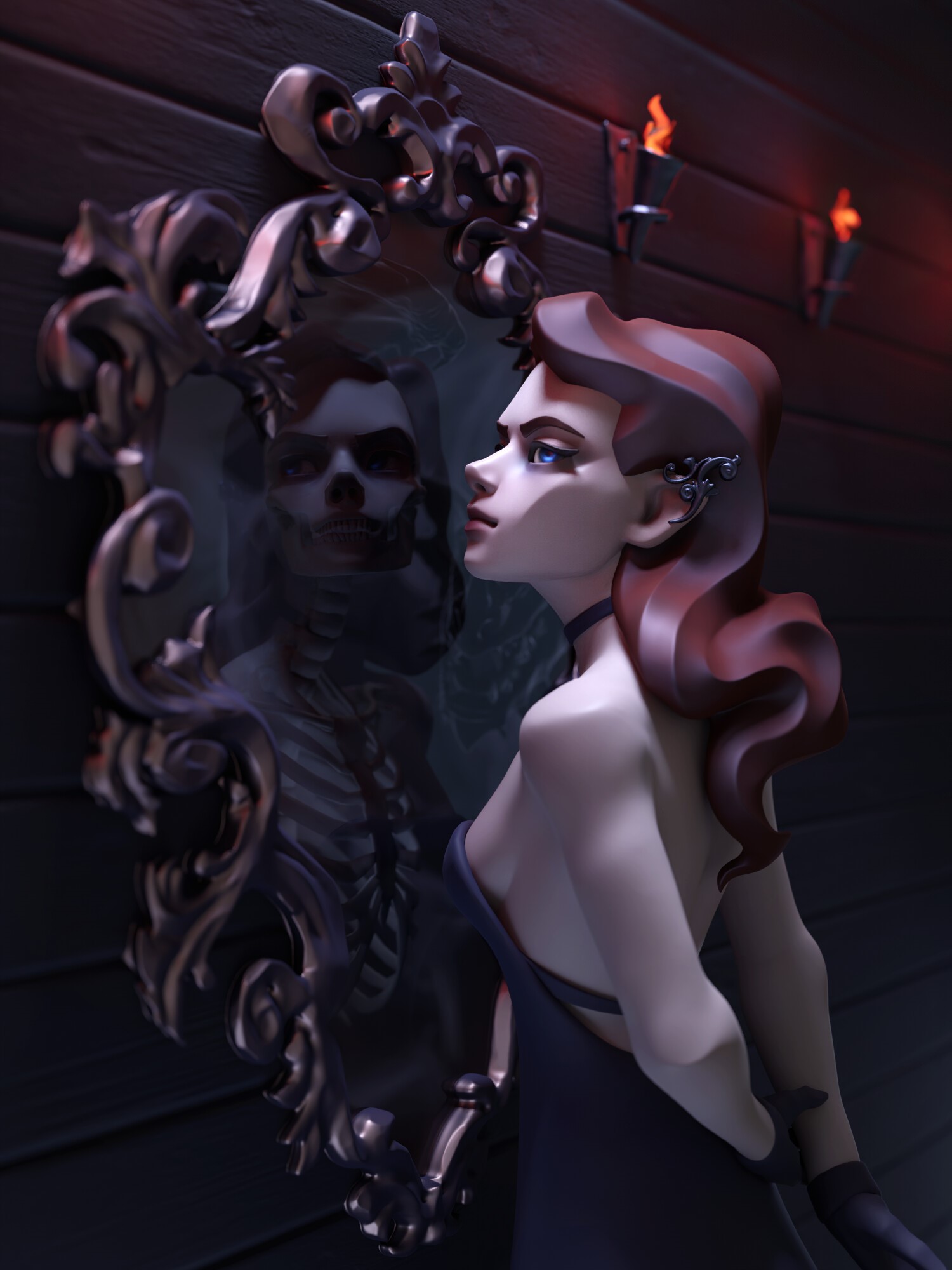 Woman looking at skeleton reflection in mirror HD Phone Wallpaper