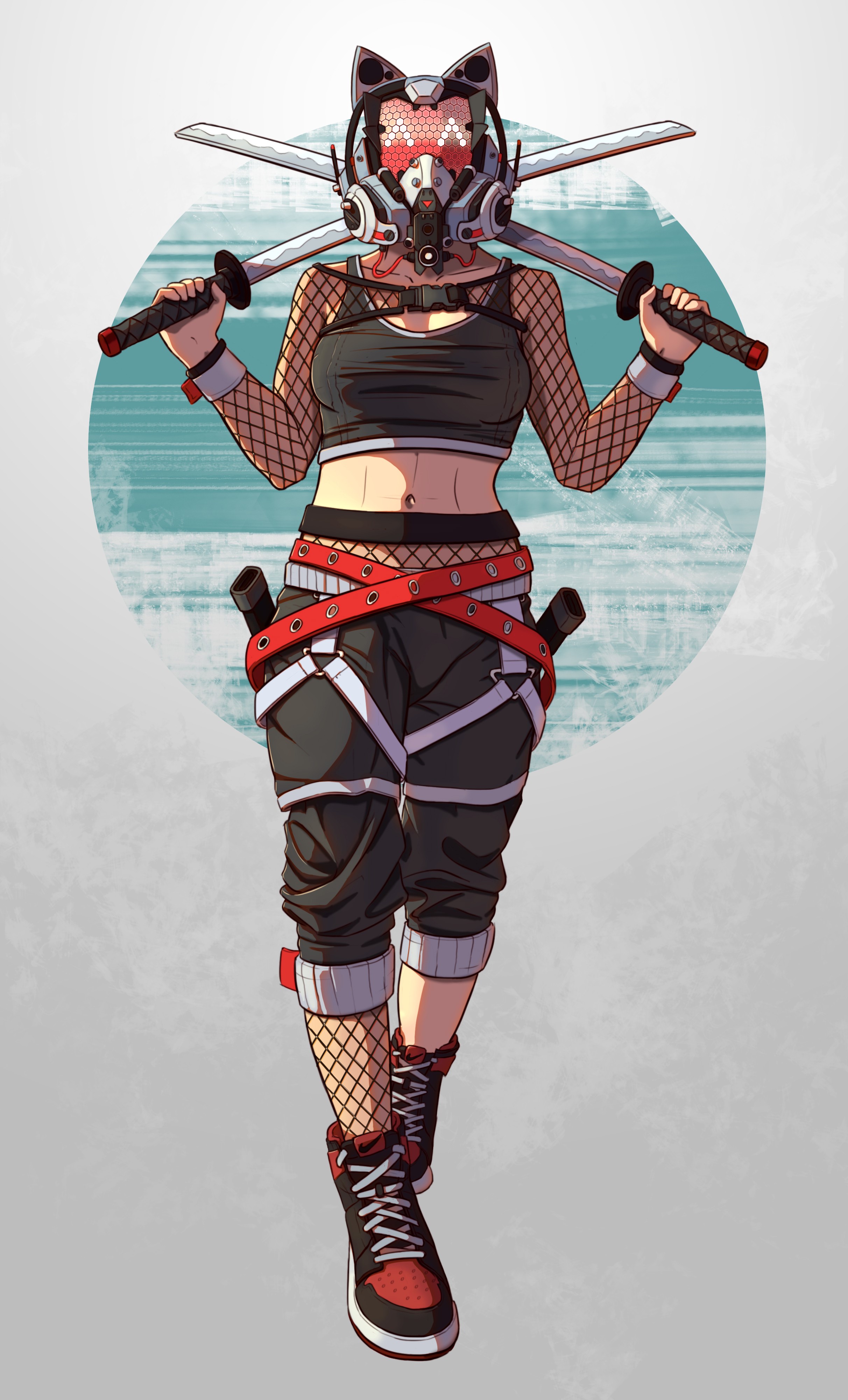 Woman with cat ears mask and katanas HD Phone Wallpaper
