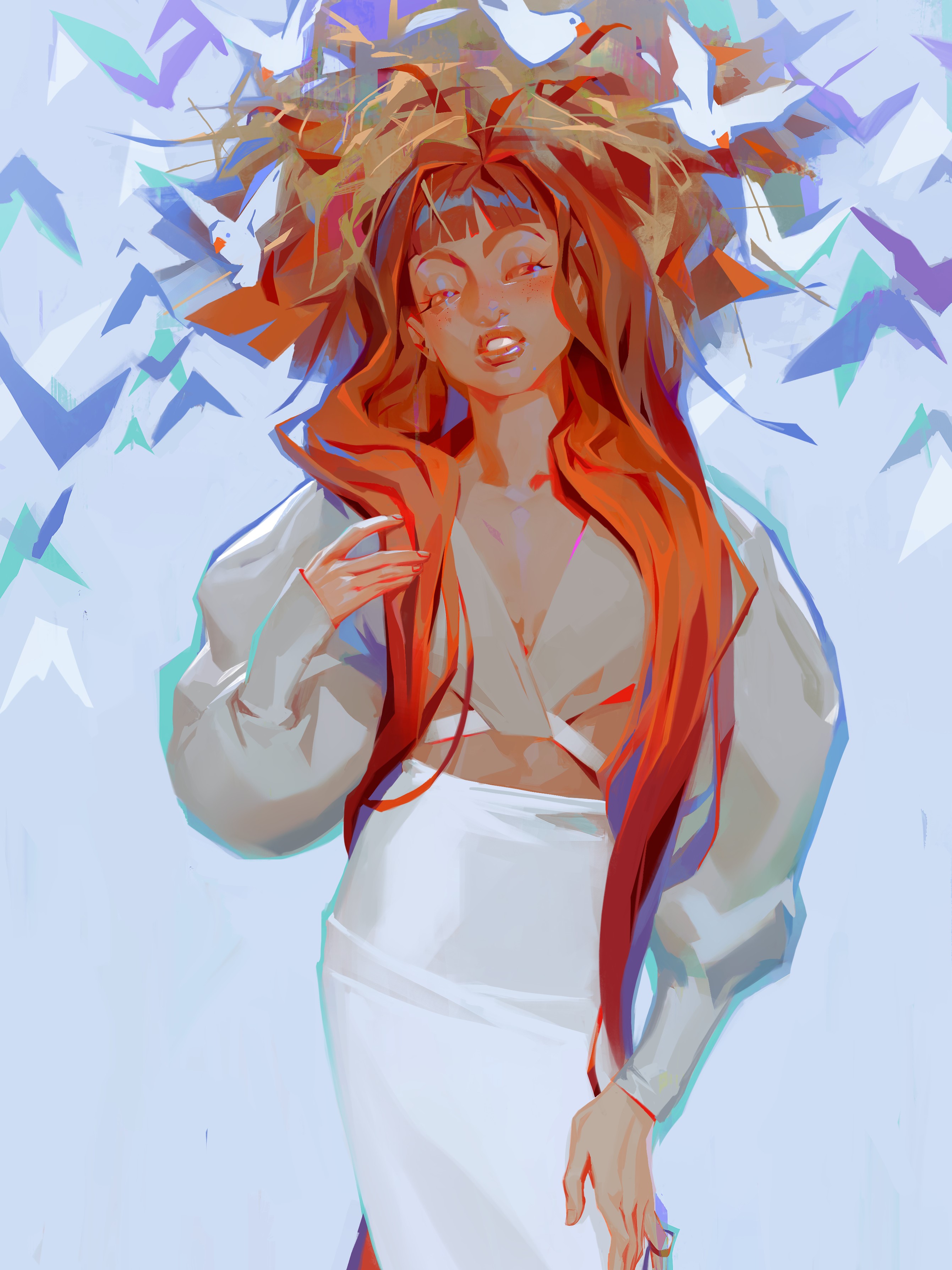 Redhead woman with birds in her hair by Sasha Tudvaseva HD Phone Wallpaper