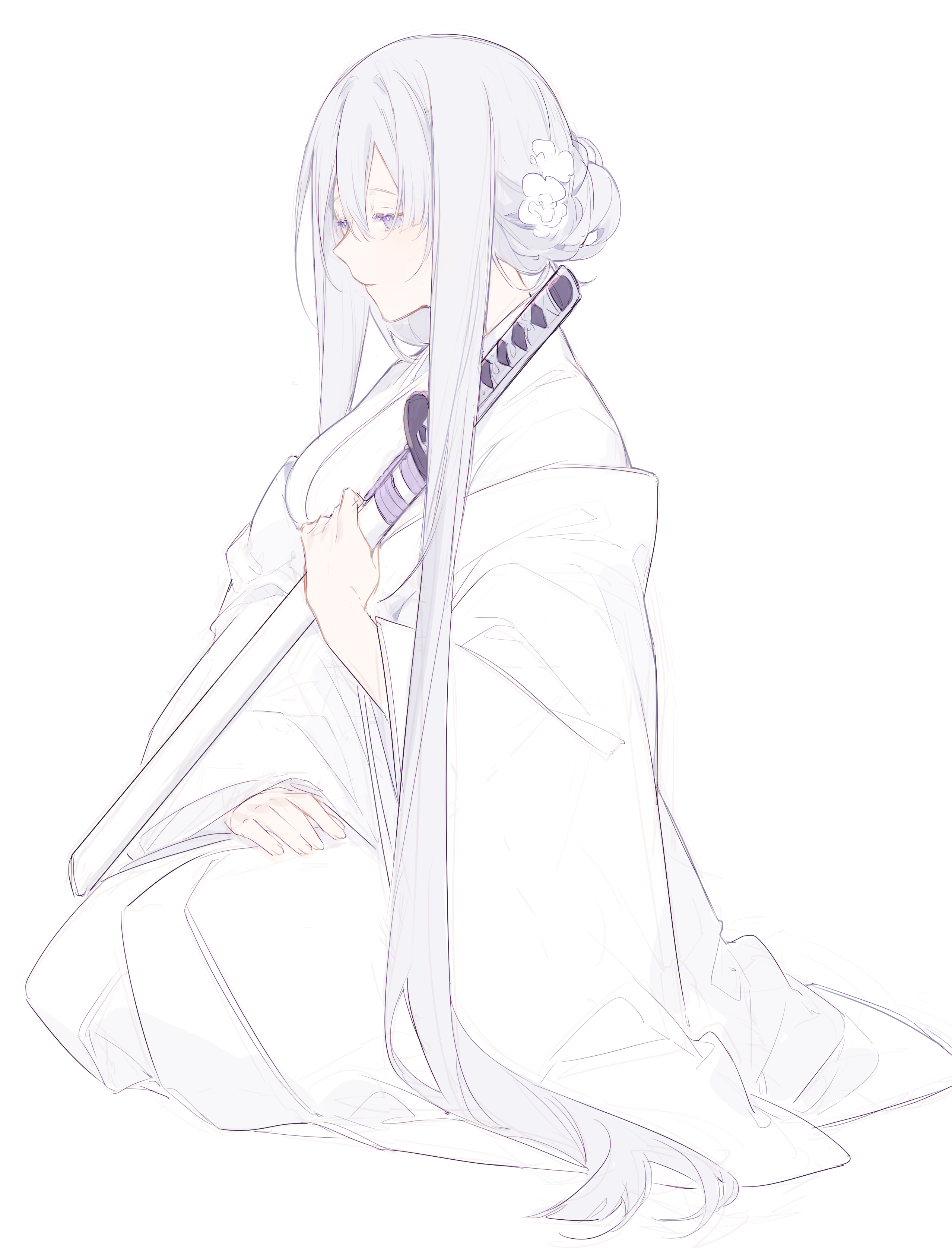 Anime girl with silver hair holding a katana HD Phone Wallpaper