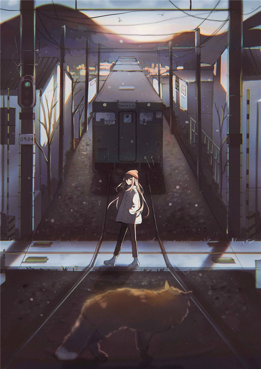 Anime girl and cat on train tracks HD Phone Wallpaper