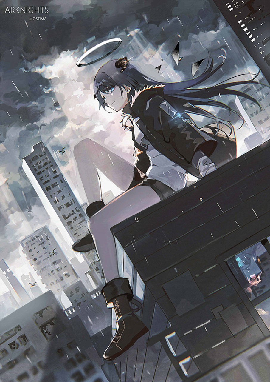 Mostima from Arknights sitting on a rooftop in the rain HD Phone Wallpaper