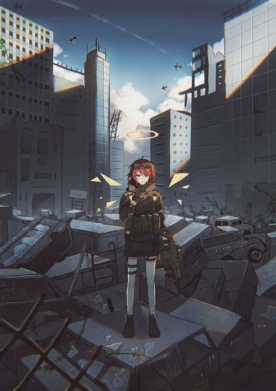 Girl with halo and gun in ruined city HD Phone Wallpaper
