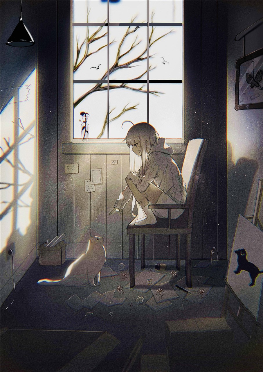 Anime girl with cat in a room by the window HD Phone Wallpaper