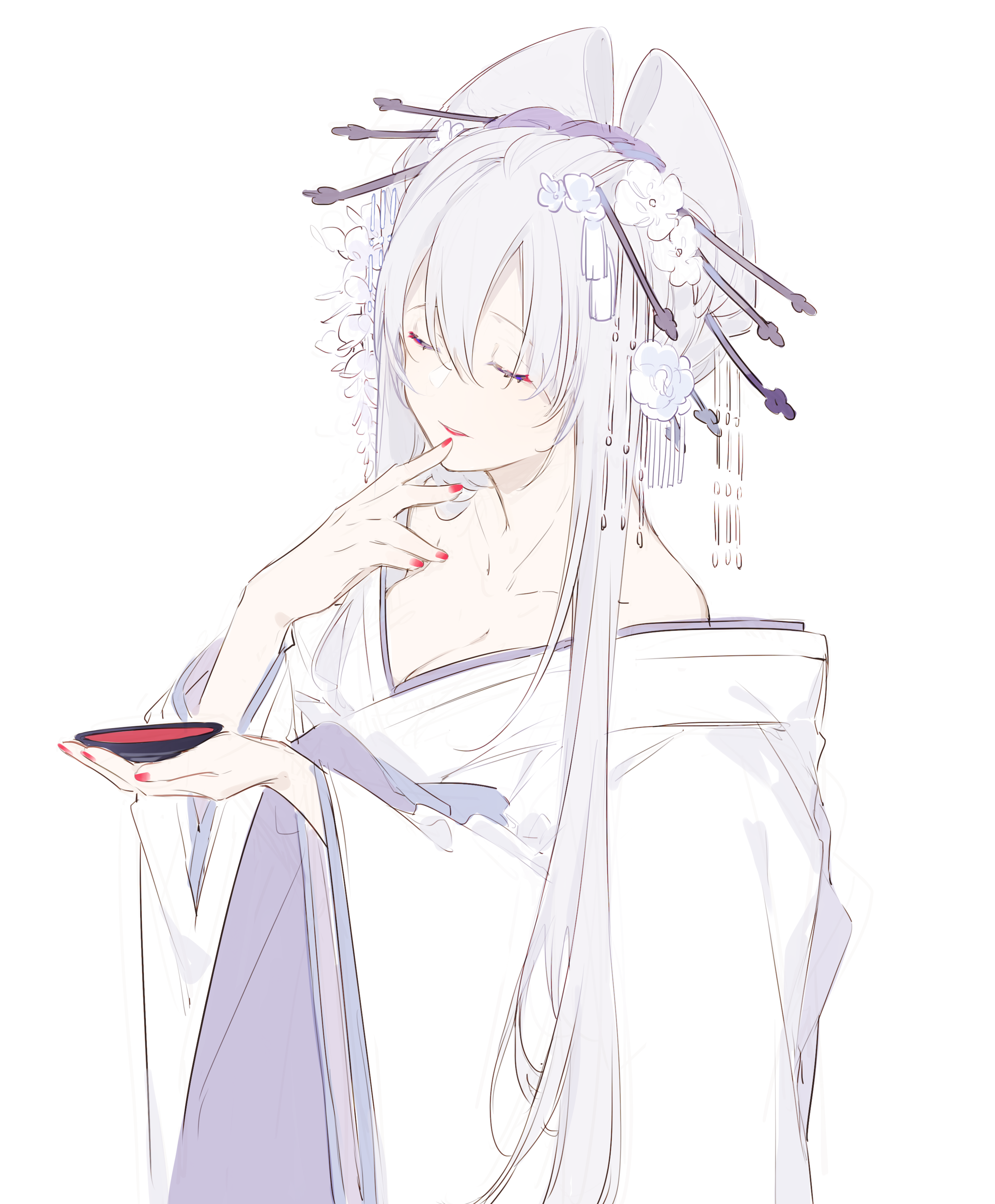 Miyuki with silver hair in traditional Japanese attire holding a sake cup HD Phone Wallpaper