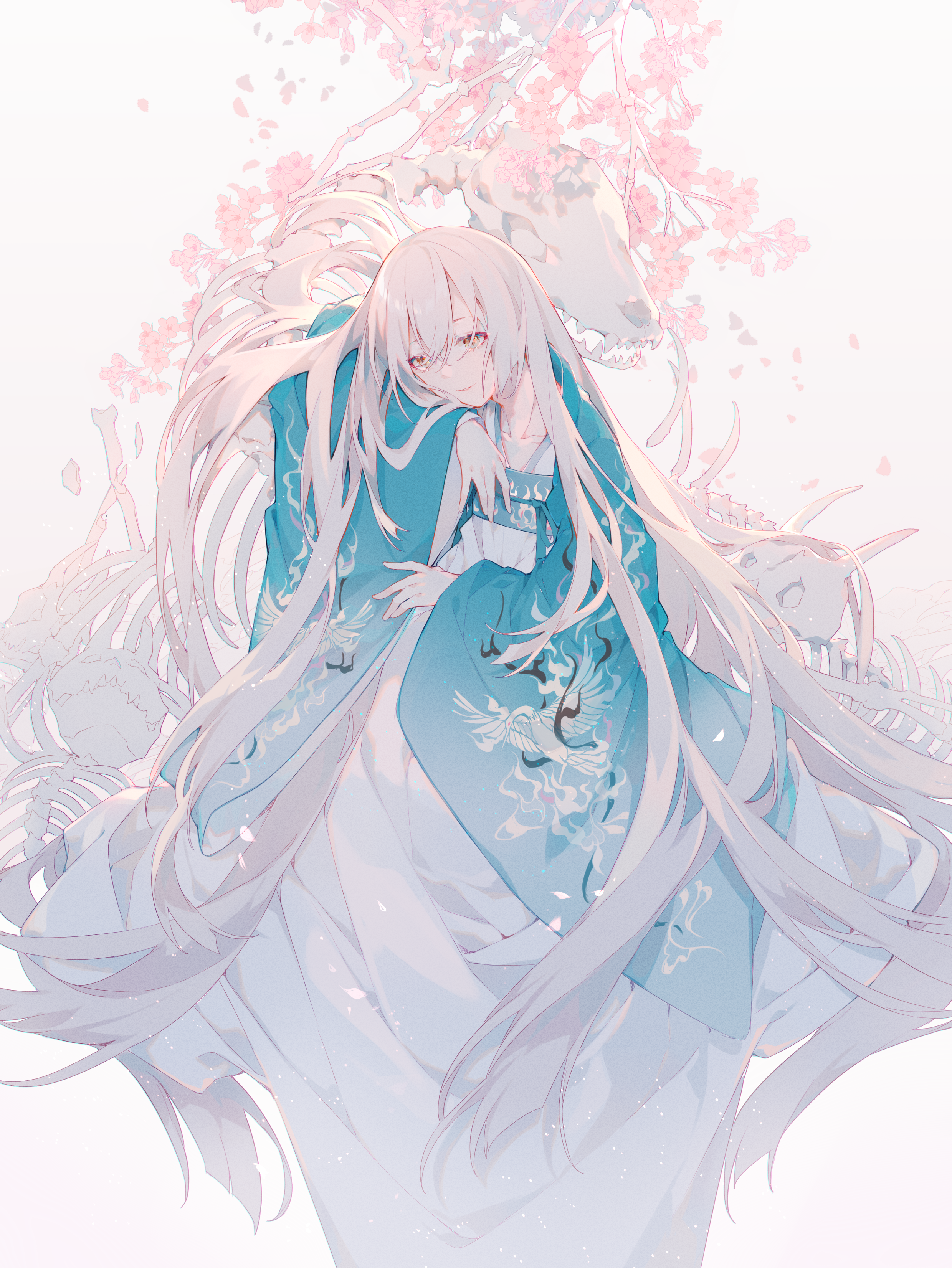 Anime girl with white hair and blue kimono near bones and cherry blossoms HD Phone Wallpaper