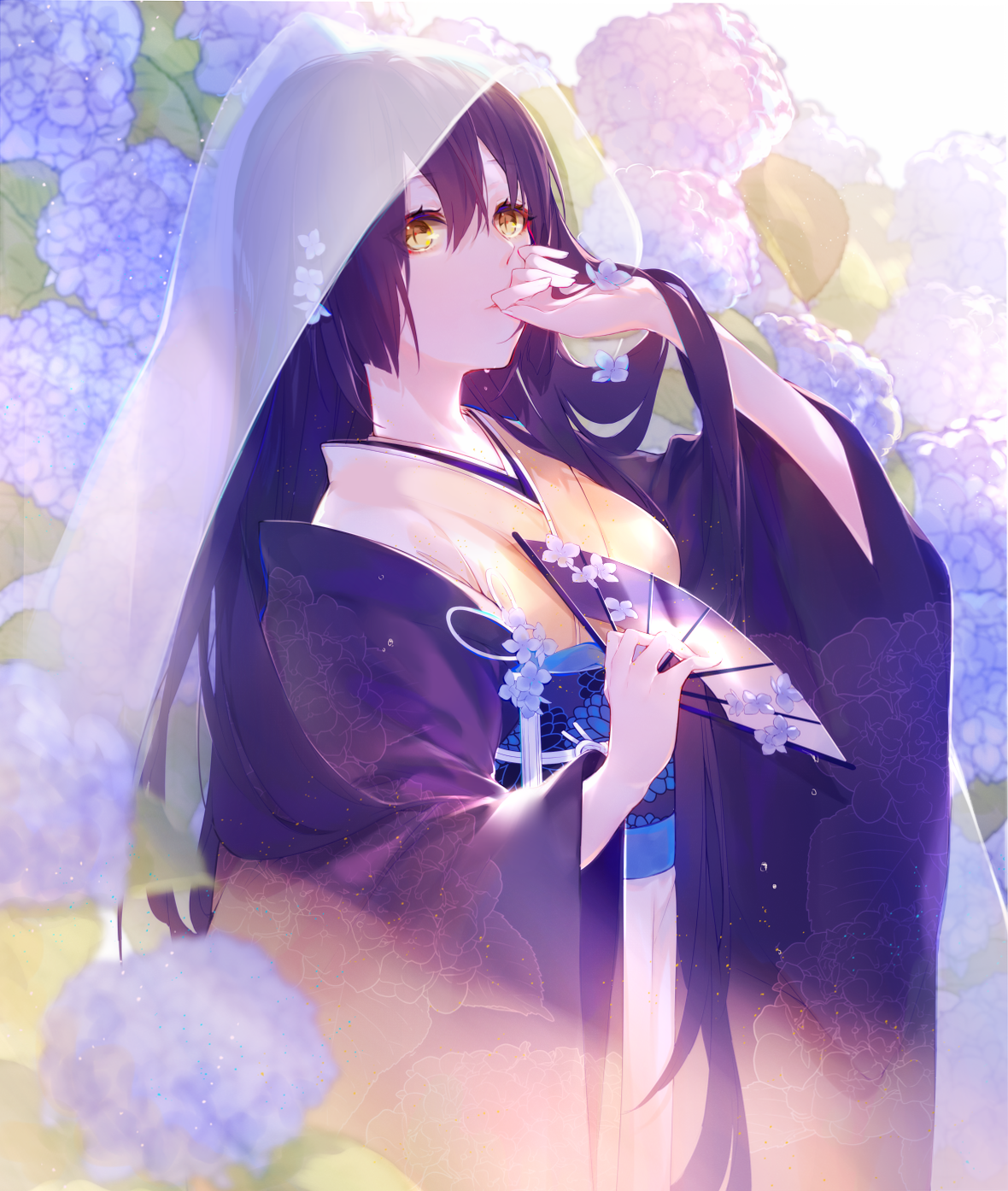 Anime girl in kimono with hydrangeas HD Phone Wallpaper