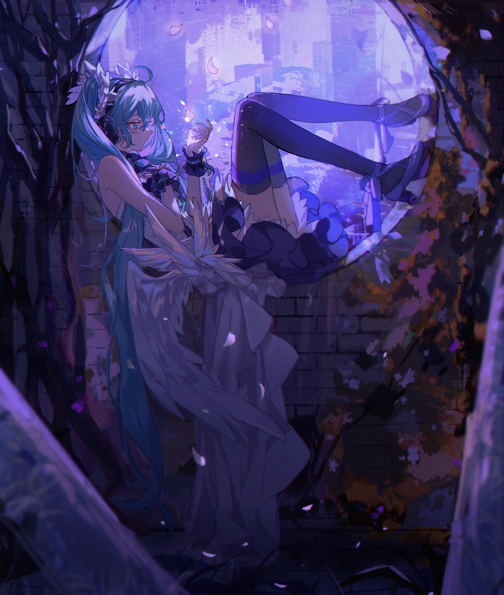 Hatsune Miku from Vocaloid in a moonlit scene HD Phone Wallpaper