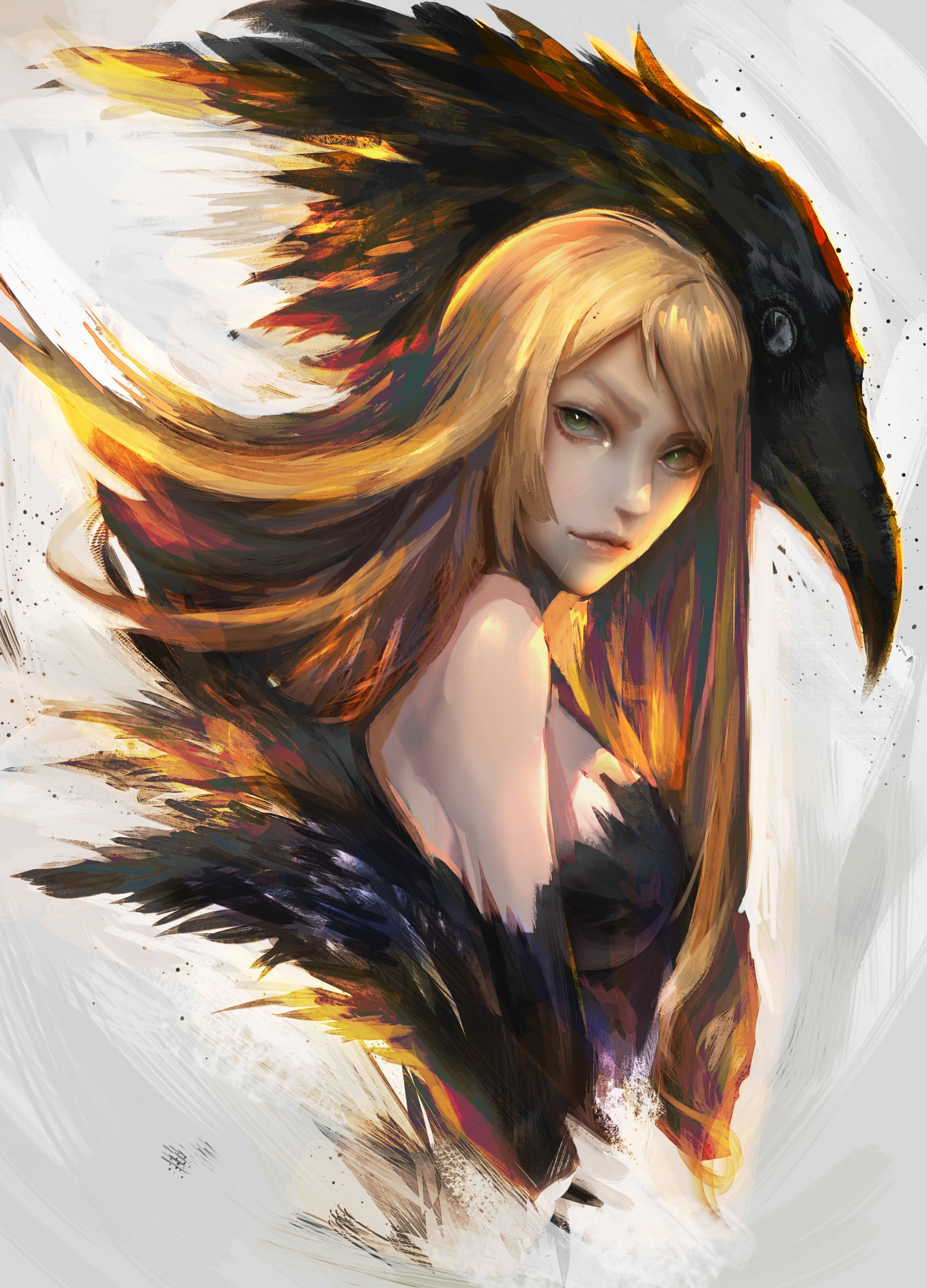 Woman with a raven-like creature HD Phone Wallpaper
