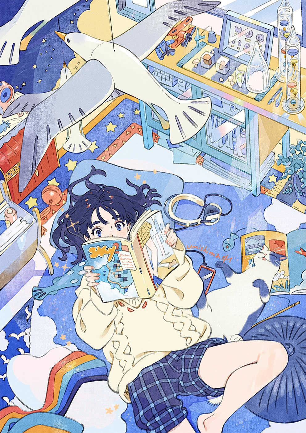 Anime girl reading a book with a cat and a bird HD Phone Wallpaper