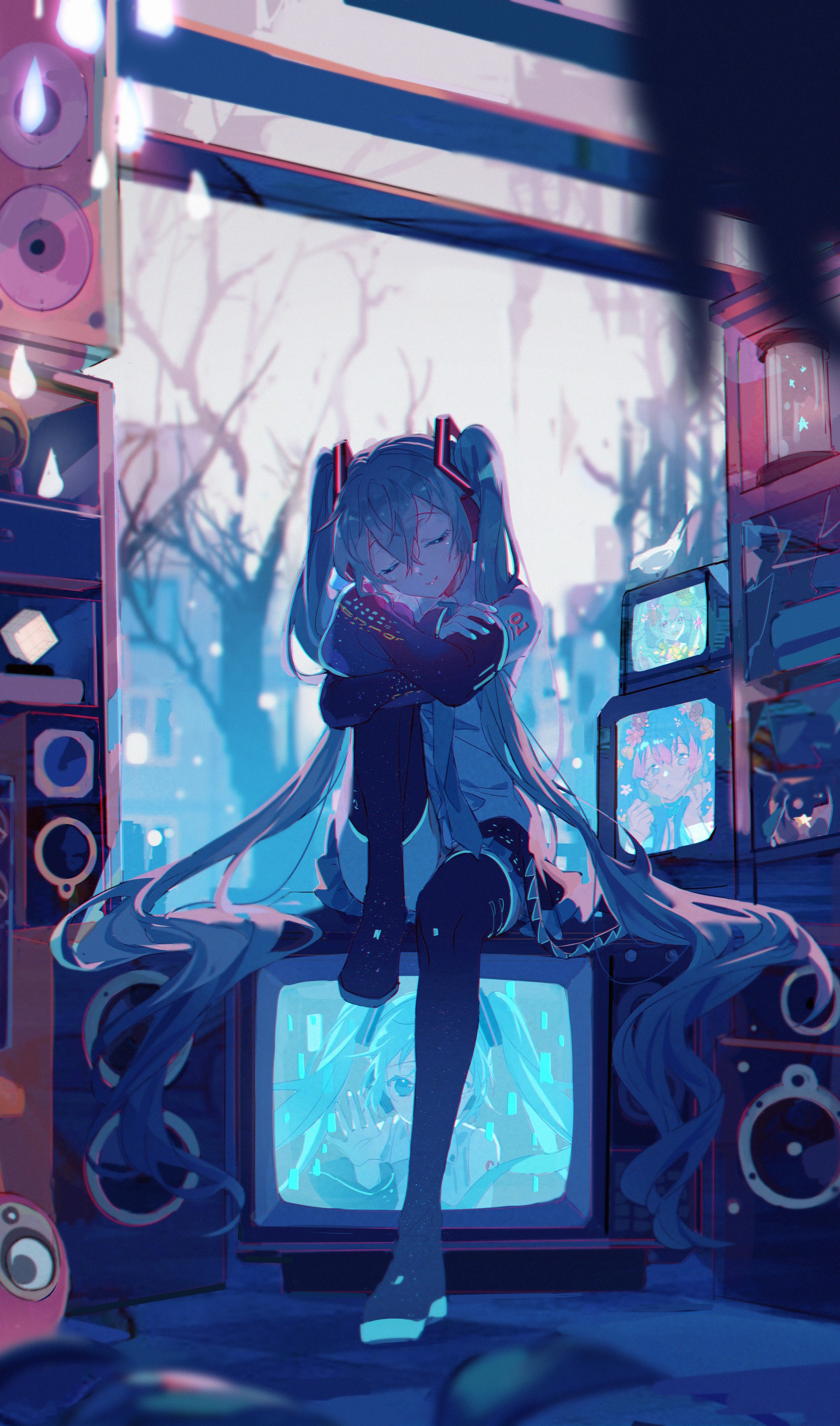 Hatsune Miku from Vocaloid sitting on a TV HD Phone Wallpaper