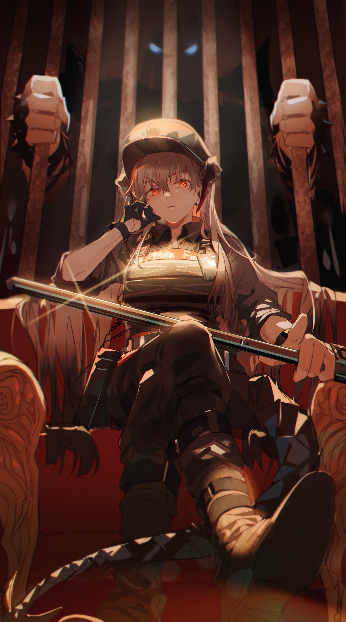 Anime girl with red eyes and helmet sitting on a throne HD Phone Wallpaper