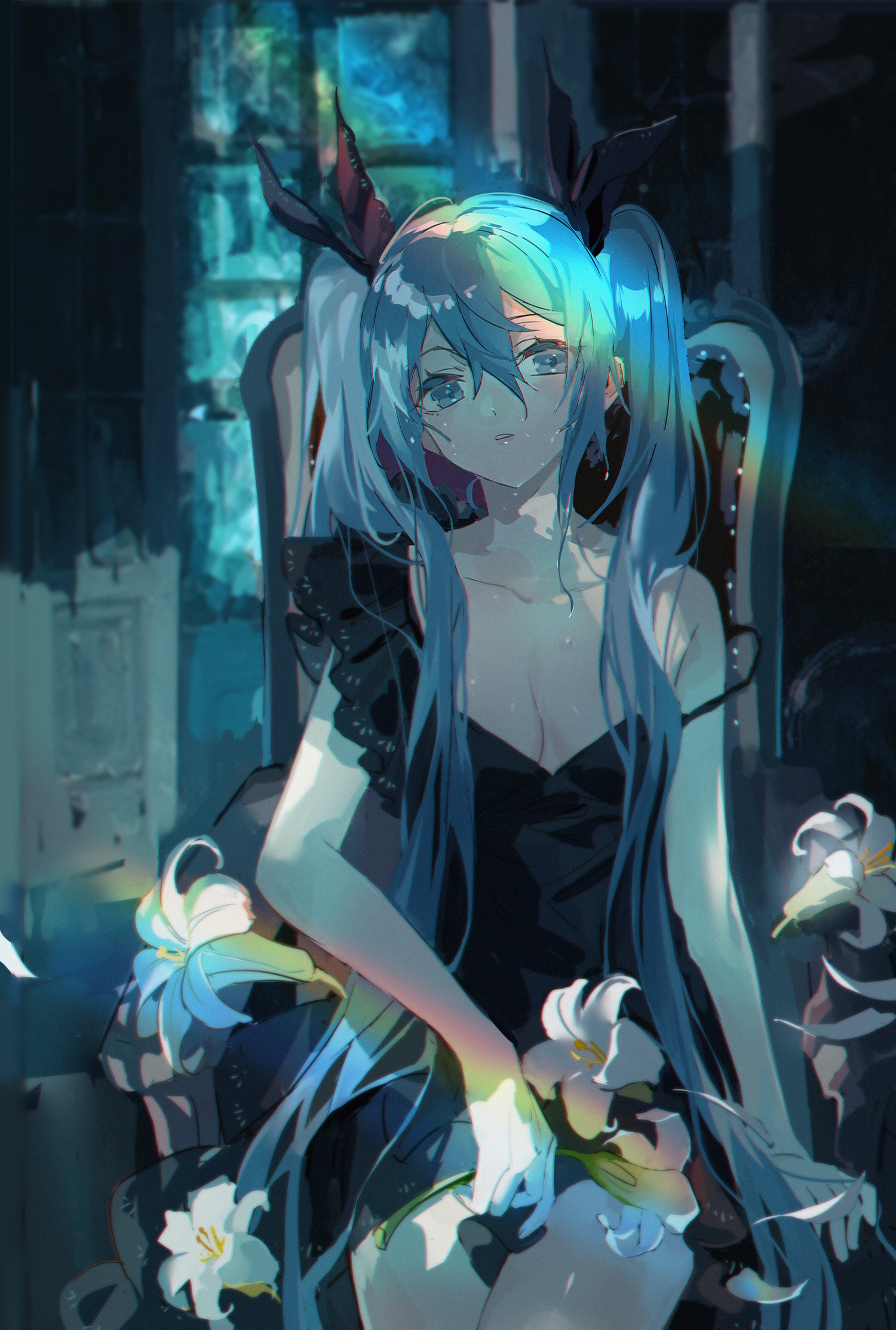 Hatsune Miku from Vocaloid sitting on a chair with lilies HD Phone Wallpaper