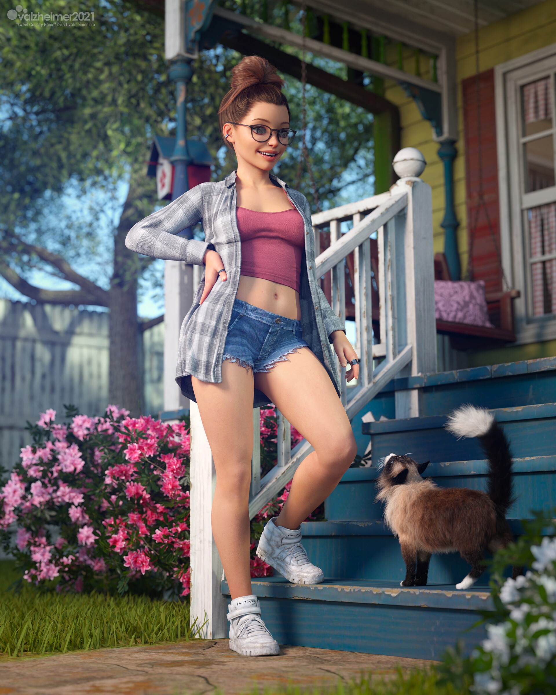 Woman with glasses and cat on porch HD Phone Wallpaper