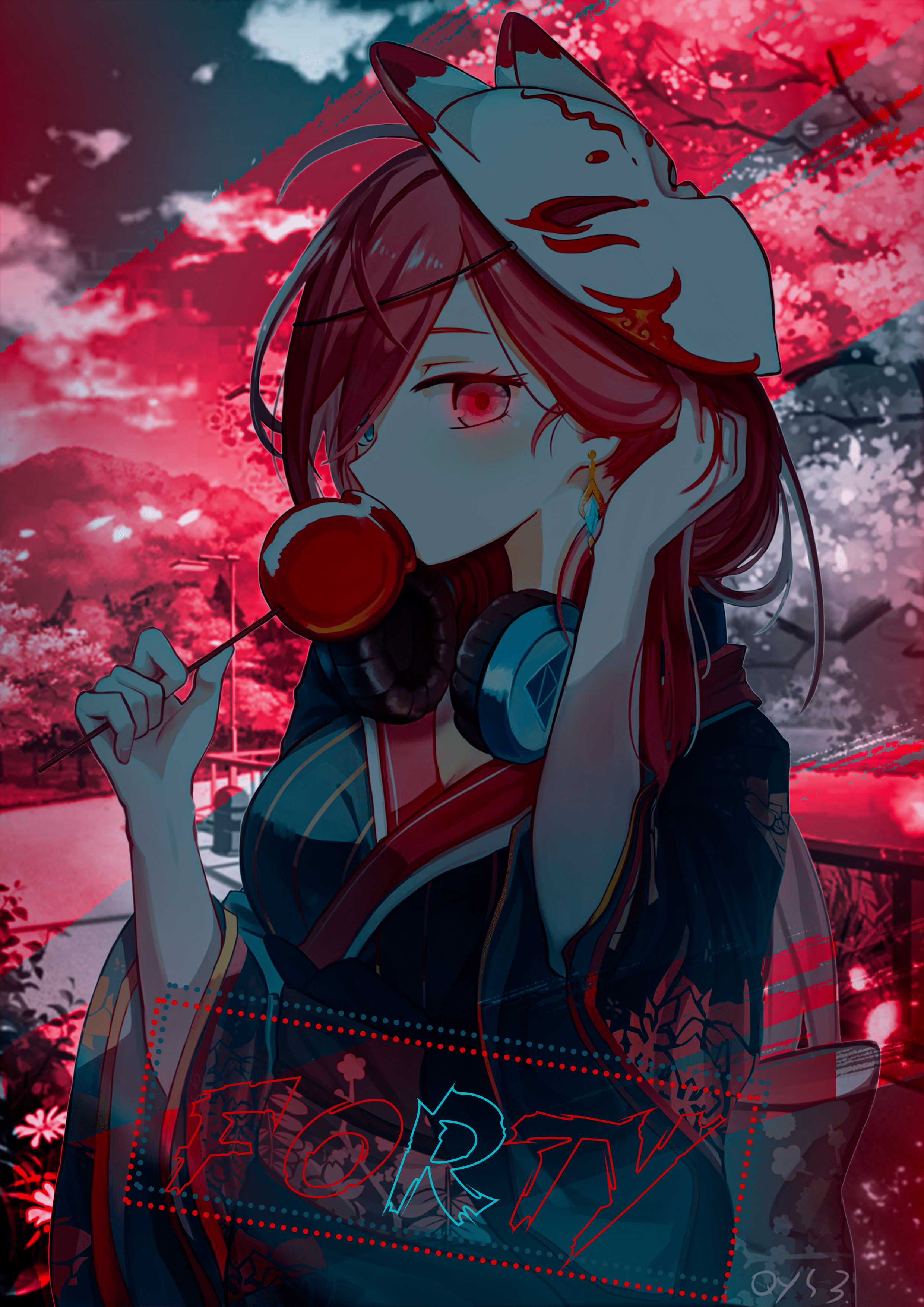Anime girl with fox mask and lollipop HD Phone Wallpaper