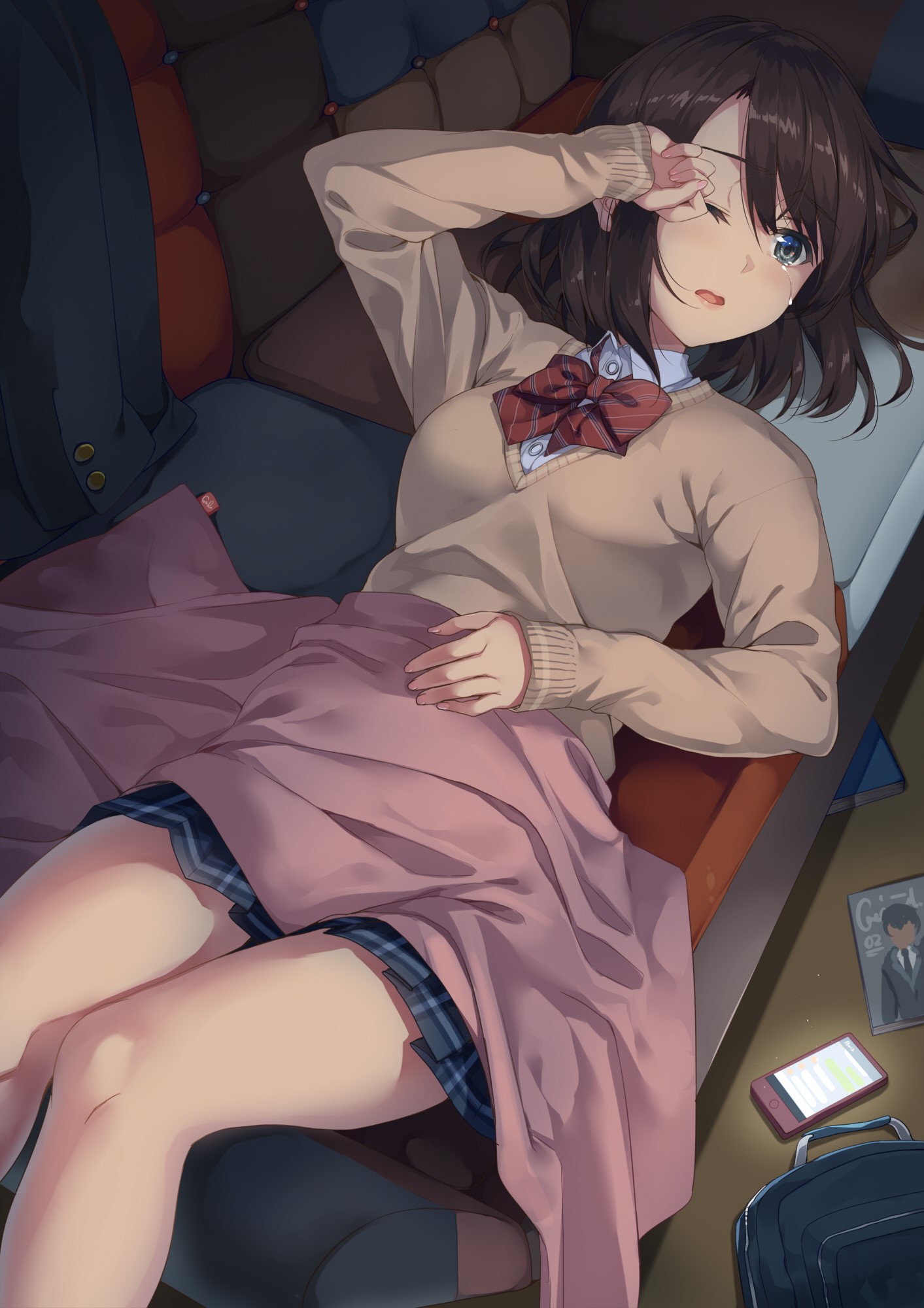 Anime girl in school uniform lying down HD Phone Wallpaper