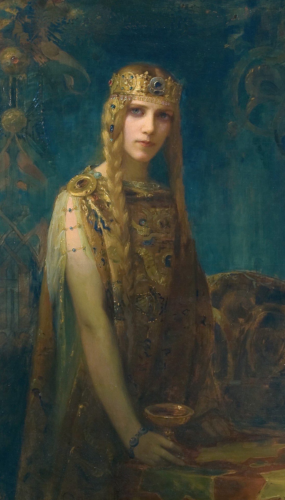 Painting of a woman in gold attire with a crown HD Phone Wallpaper