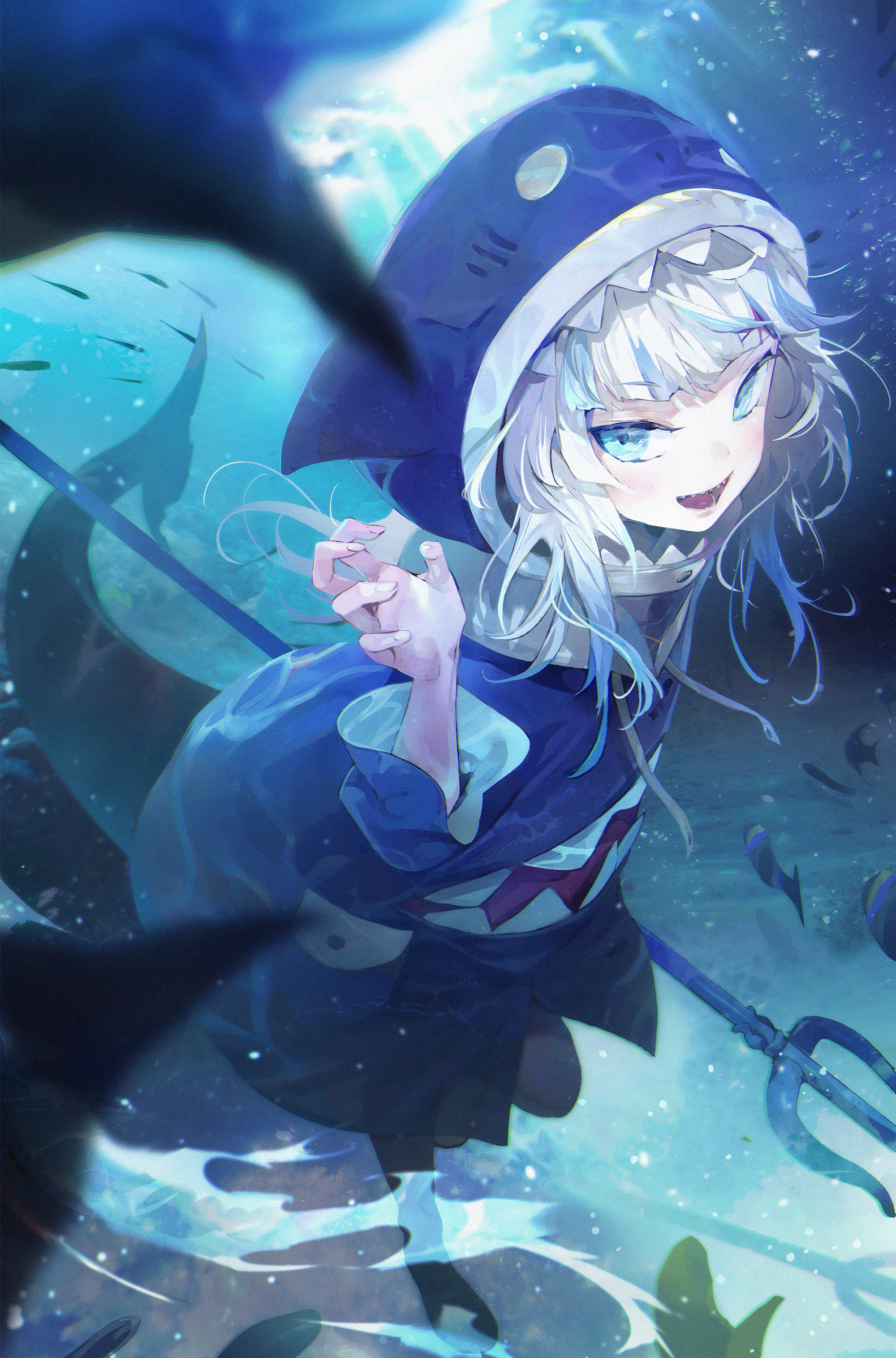 Gawr Gura from Hololive underwater with a trident HD Phone Wallpaper
