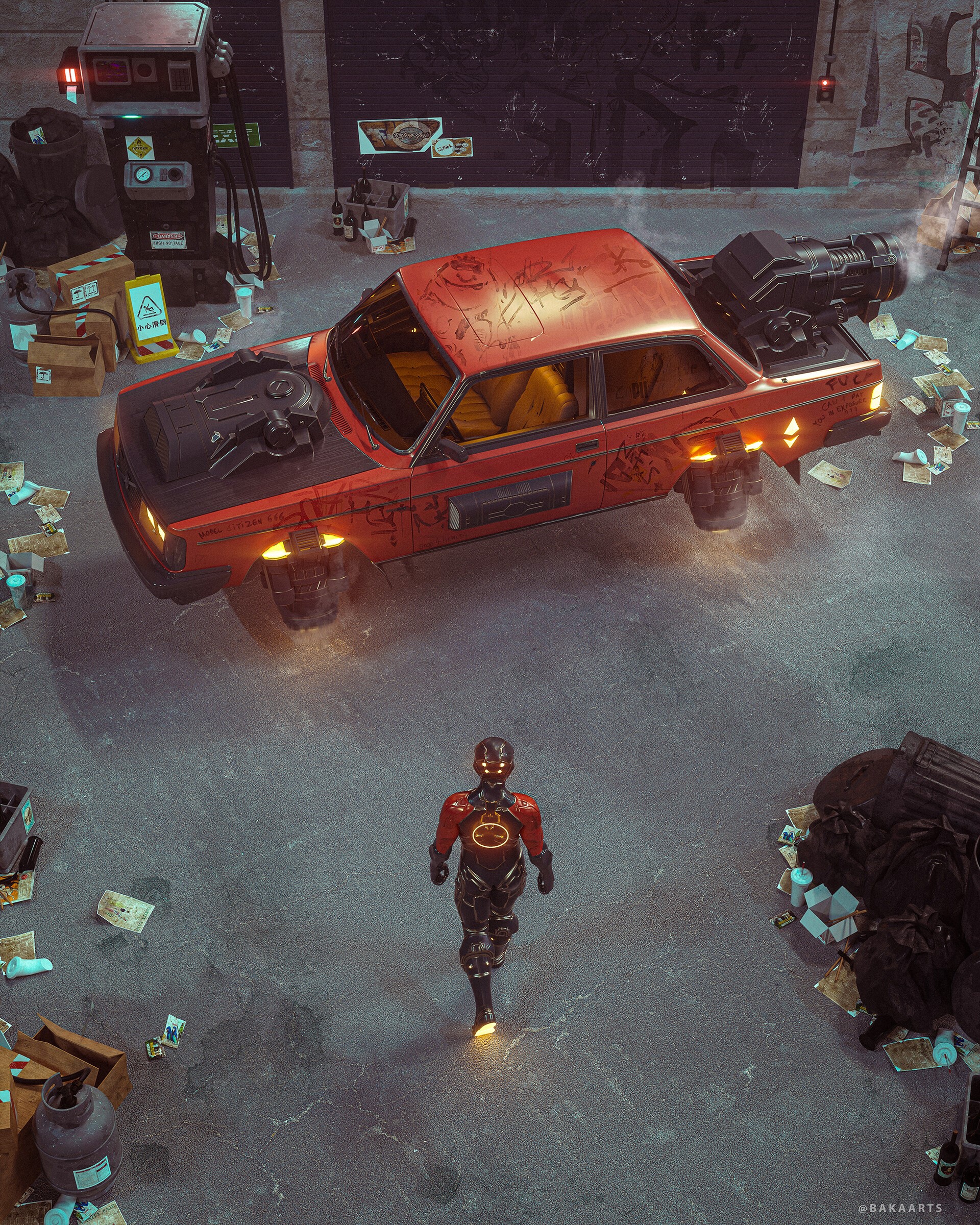 Futuristic red car and cyborg in a gritty industrial setting HD Phone Wallpaper