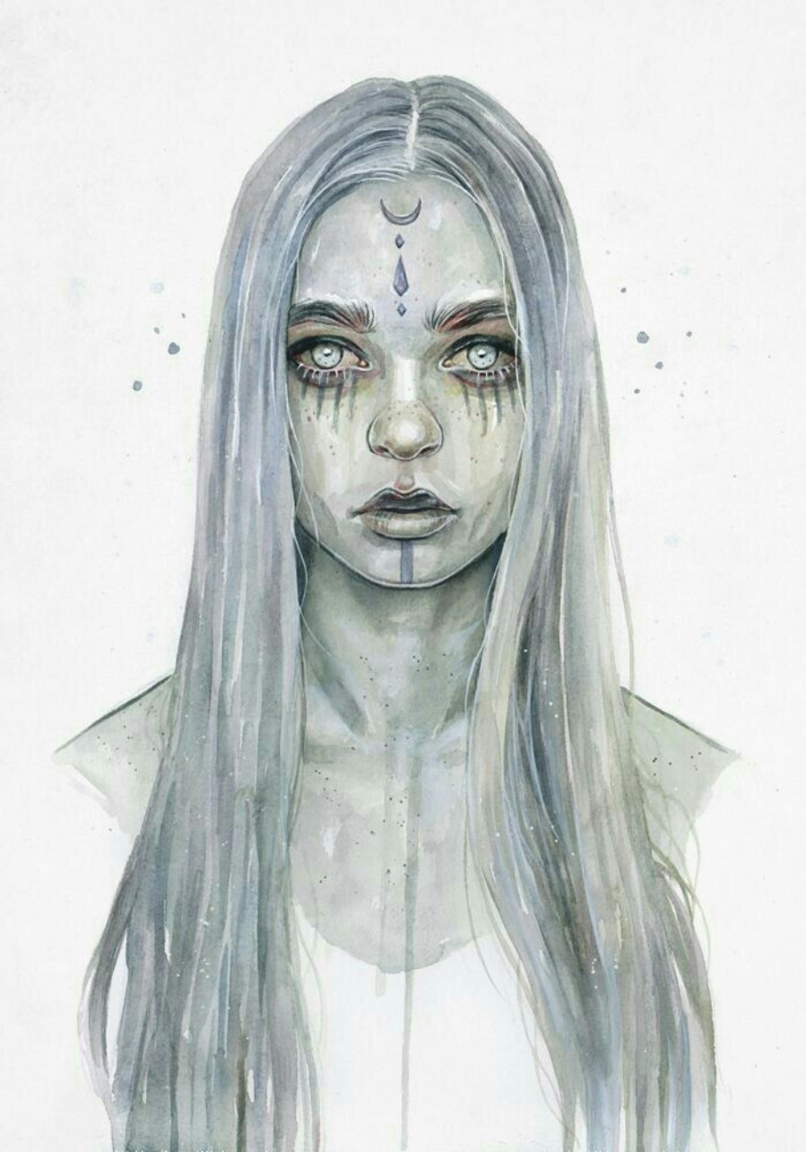 Watercolor portrait of a woman with white eyes and long hair HD Phone Wallpaper