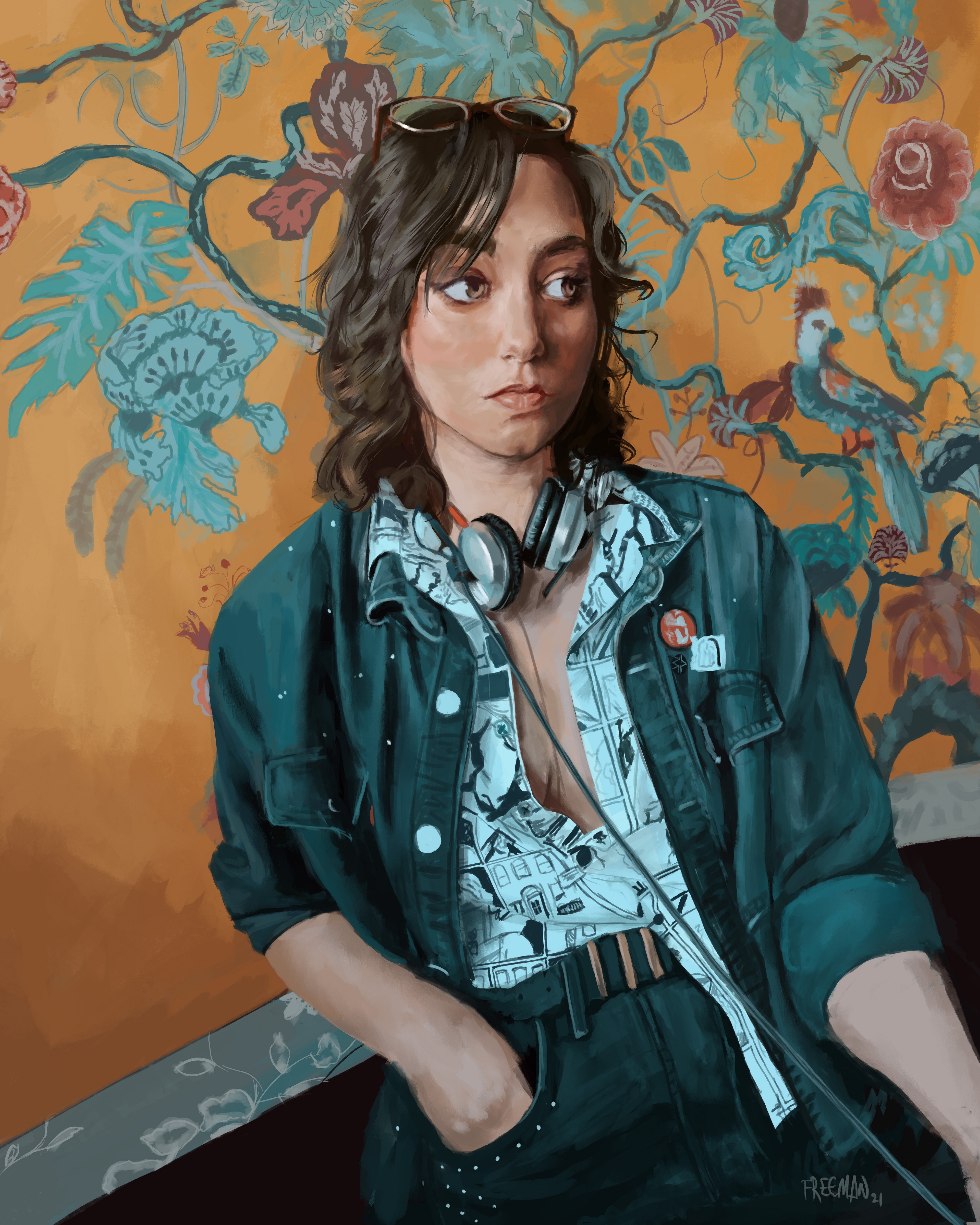 Digital painting of a woman with headphones by Josh Freeman HD Phone Wallpaper