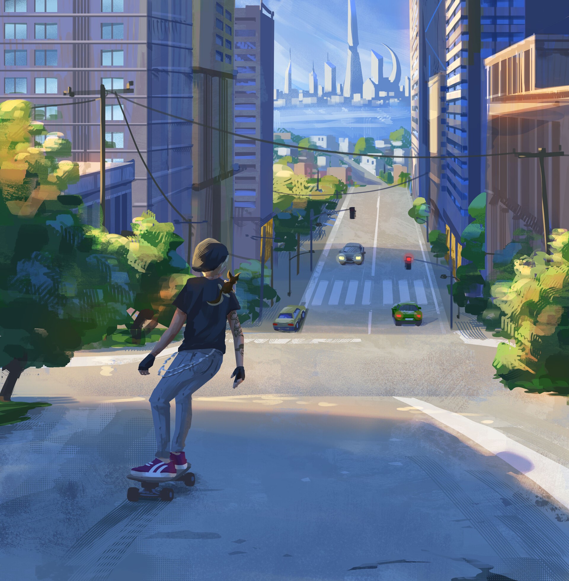 Woman skateboarding in a futuristic city HD Phone Wallpaper