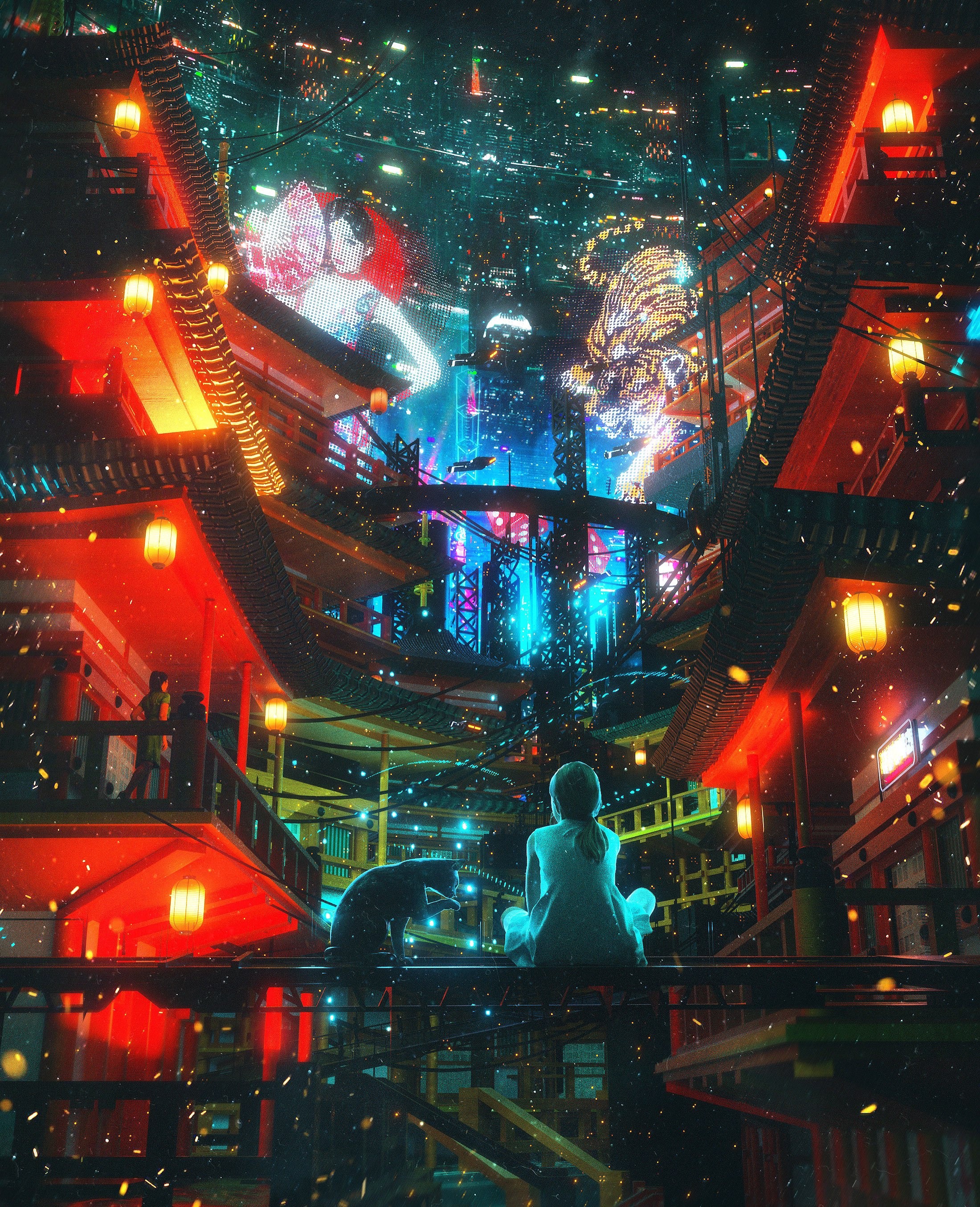 Futuristic City with Digital Displays and a Girl with a Cat HD Phone Wallpaper