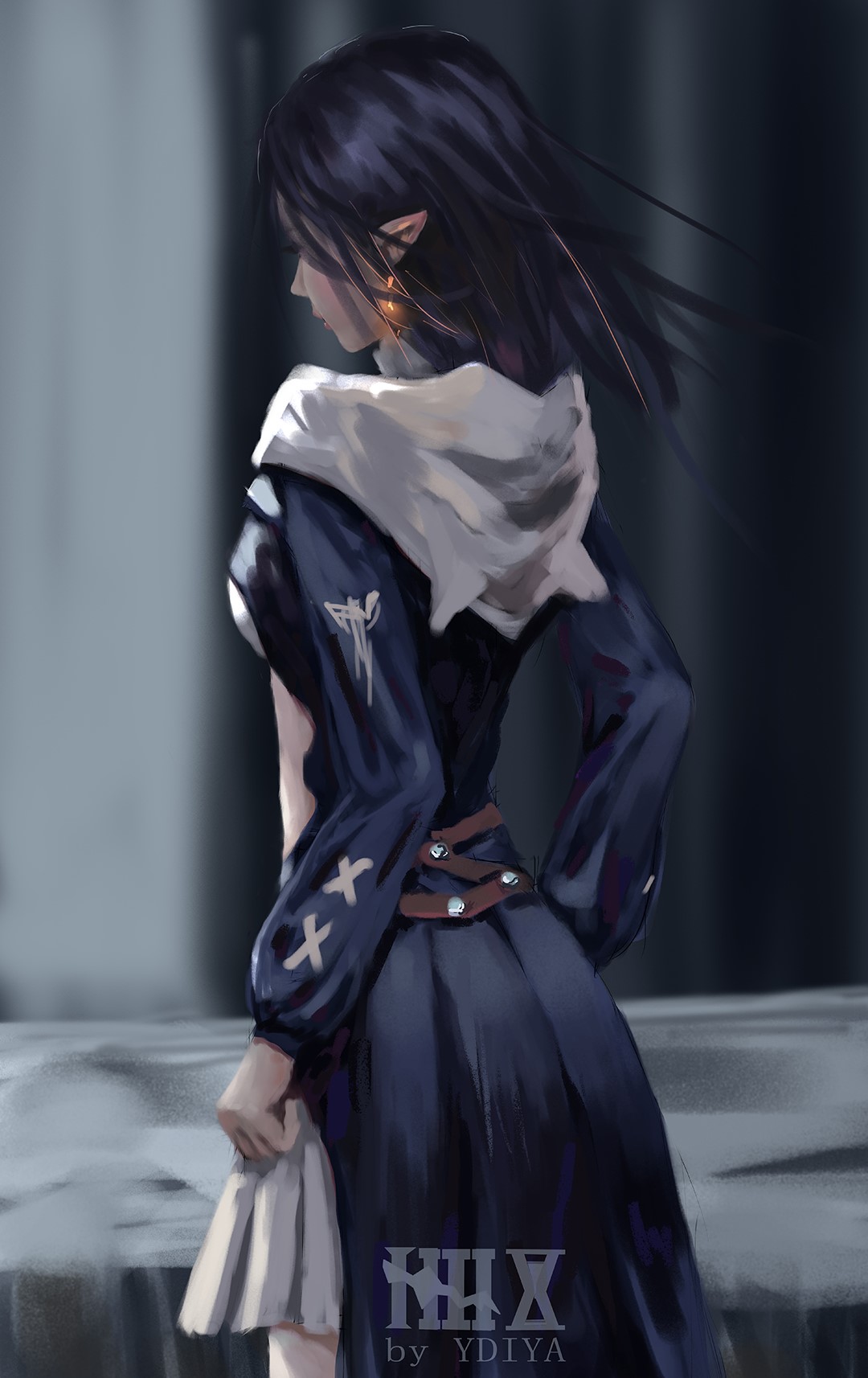 Anime girl with dark hair and elf ears HD Phone Wallpaper