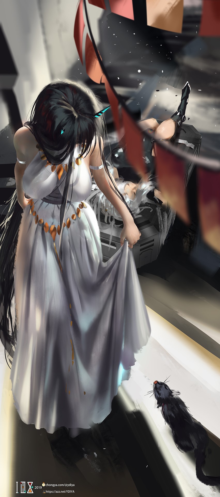 Anime girl in white dress with black cat HD Phone Wallpaper