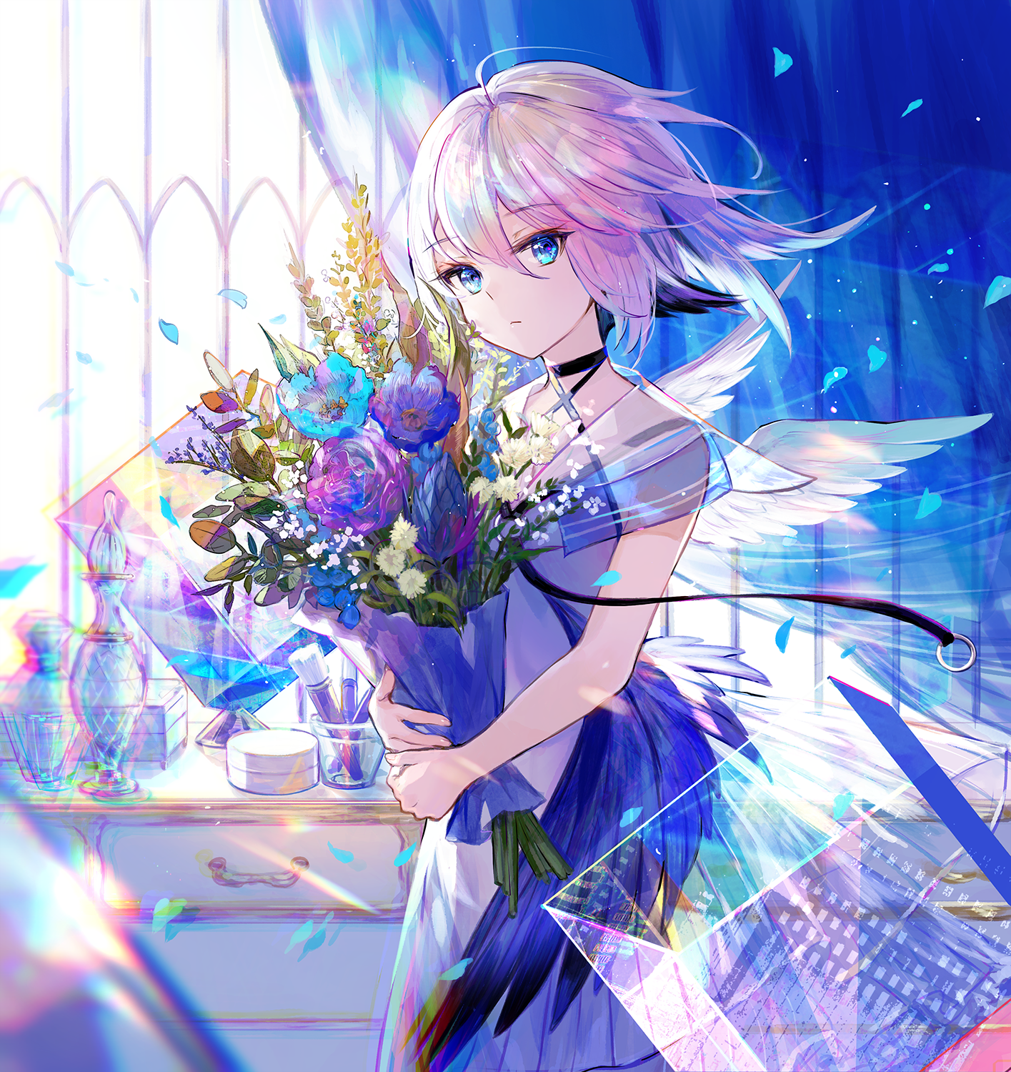 Fuji Choko anime girl with wings and flowers HD Phone Wallpaper