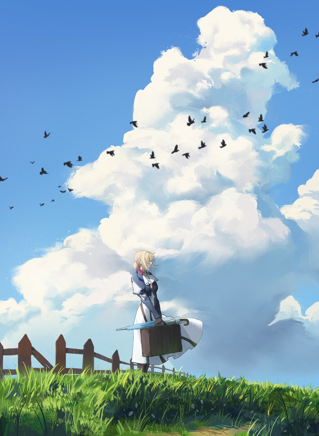 Violet Evergarden standing in a field with birds flying HD Phone Wallpaper