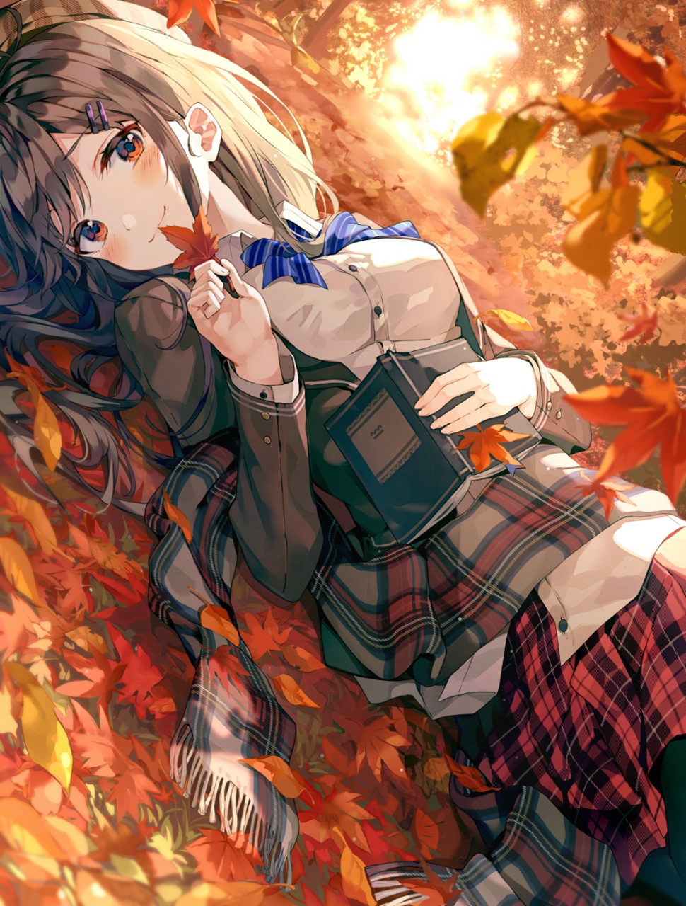 Anime girl with book and scarf in fallen leaves HD Phone Wallpaper
